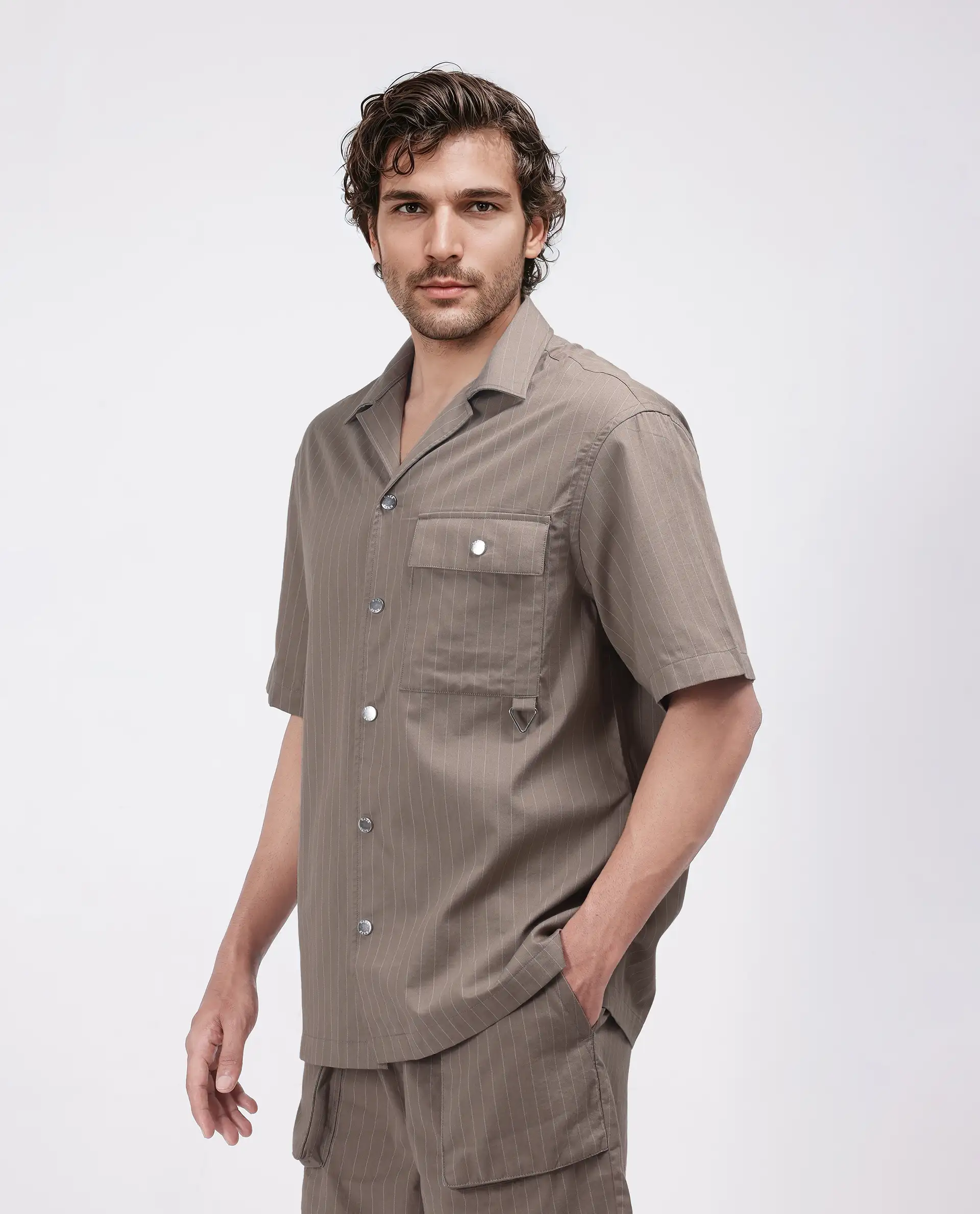 Rare Rabbit Men's Haba Dusky Beige Cotton Blend Striped Print Boxy Fit Half Sleeve Cuban Collar Shirt - Image 6