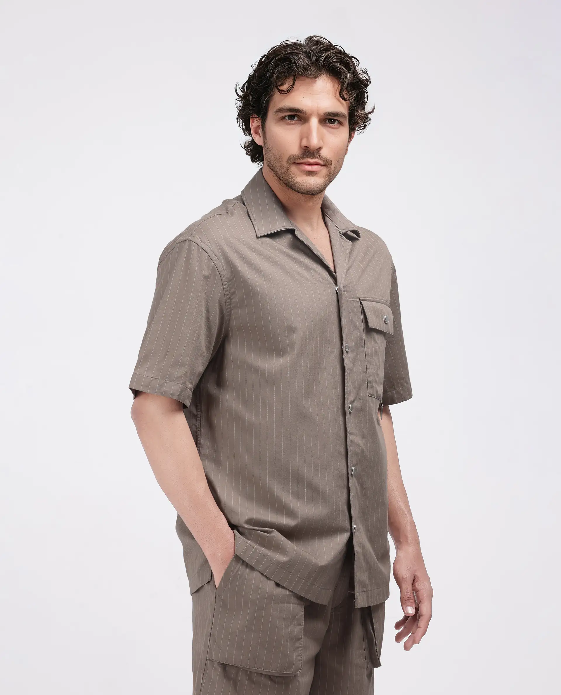 Rare Rabbit Men's Haba Dusky Beige Cotton Blend Striped Print Boxy Fit Half Sleeve Cuban Collar Shirt - Image 7