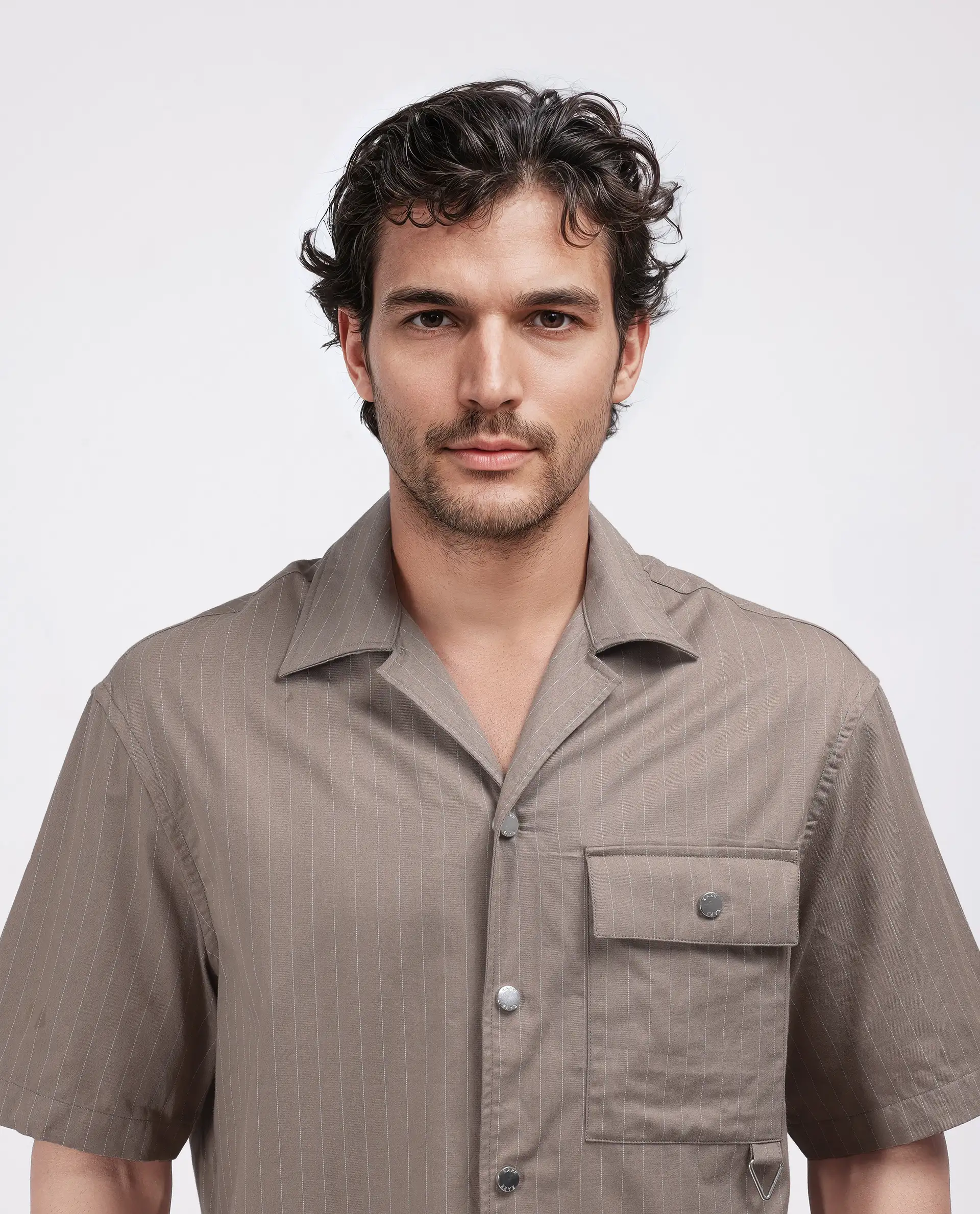 Rare Rabbit Men's Haba Dusky Beige Cotton Blend Striped Print Boxy Fit Half Sleeve Cuban Collar Shirt - Image 8