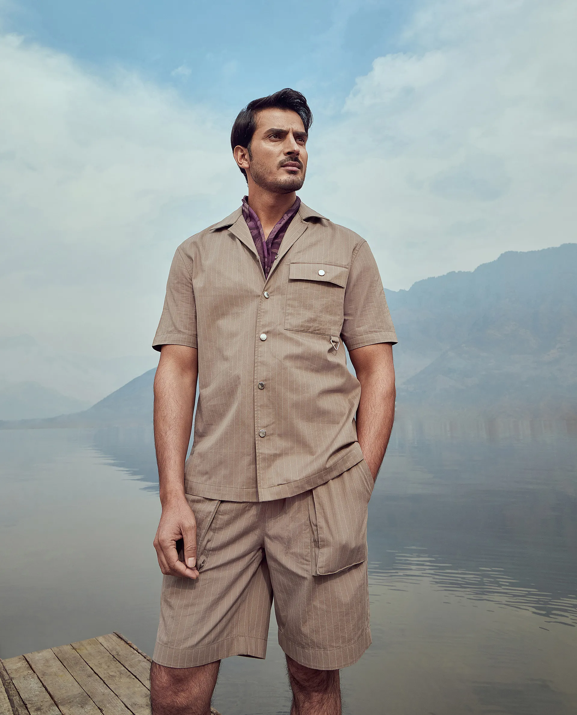 Rare Rabbit Men's Haba Dusky Beige Cotton Blend Striped Print Boxy Fit Half Sleeve Cuban Collar Shirt - Image 9