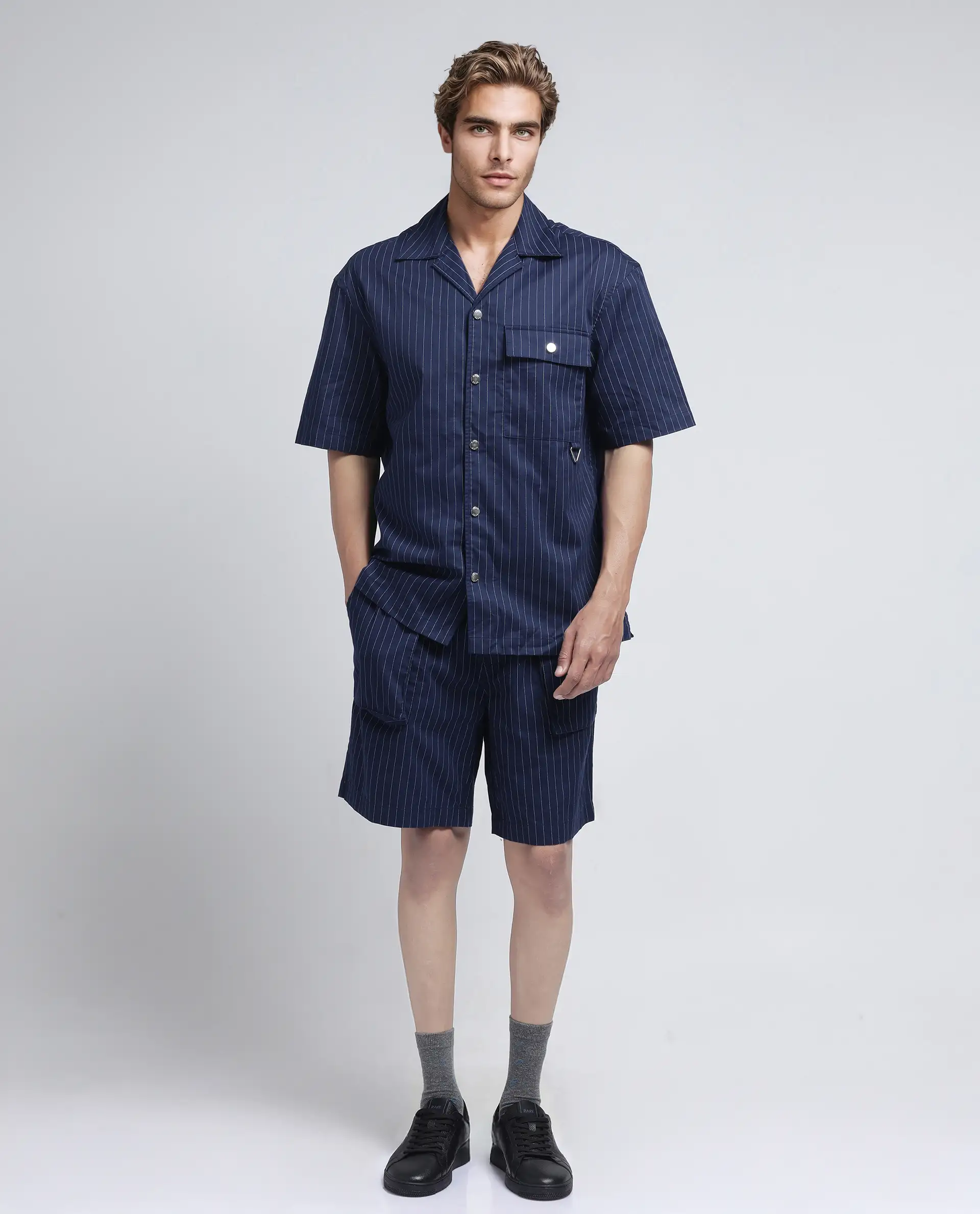 Rare Rabbit Men's Haba Navy Cotton Blend Striped Print Boxy Fit Half Sleeve Cuban Collar Shirt - Image 2