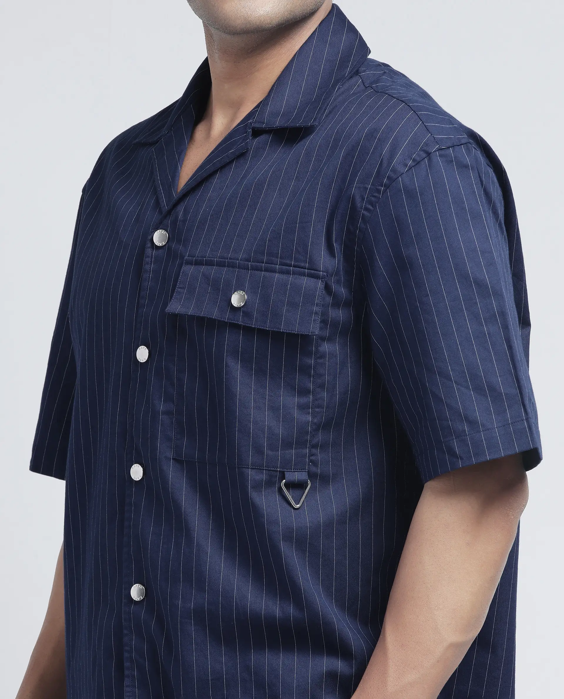 Rare Rabbit Men's Haba Navy Cotton Blend Striped Print Boxy Fit Half Sleeve Cuban Collar Shirt - Image 3