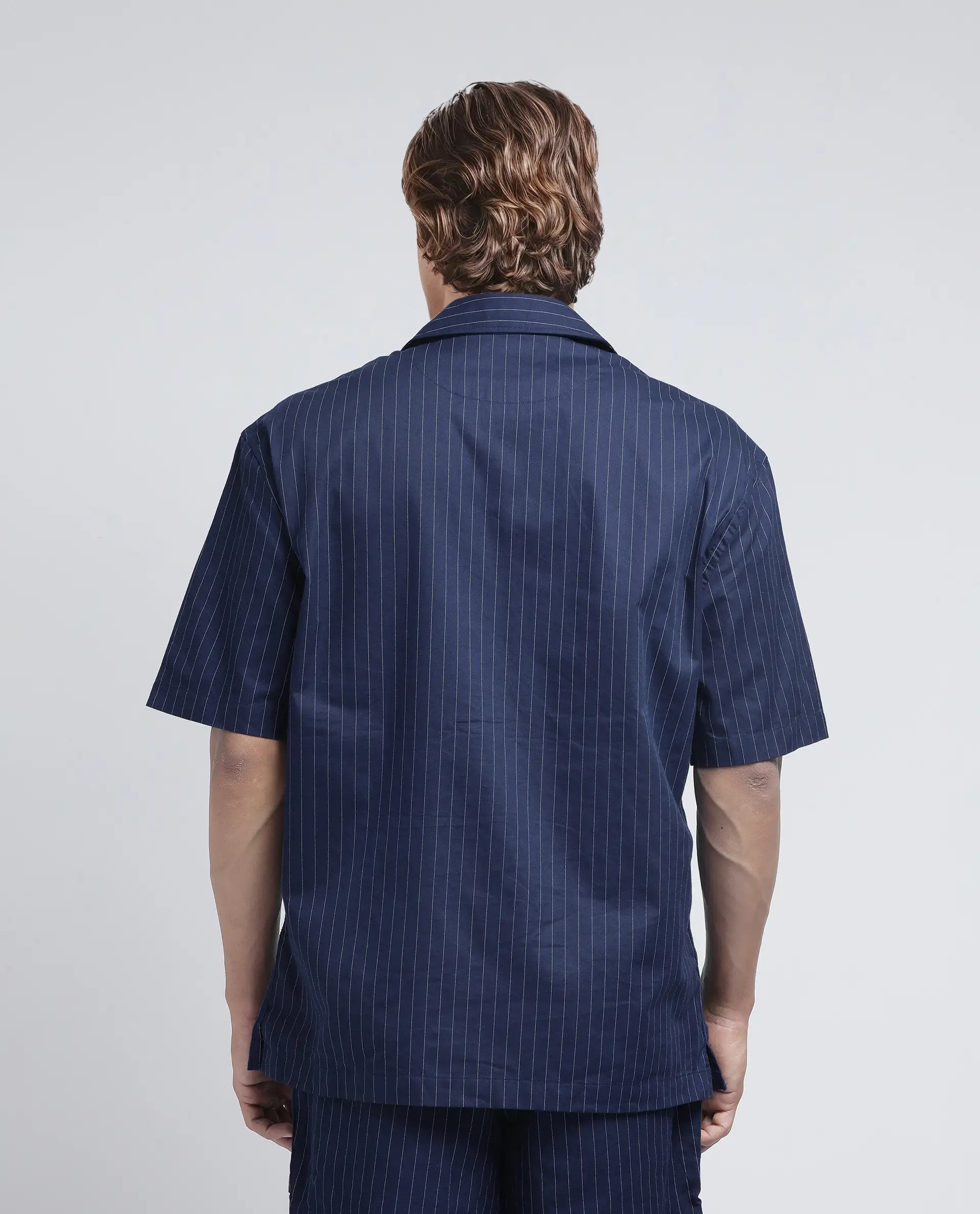 Rare Rabbit Men's Haba Navy Cotton Blend Striped Print Boxy Fit Half Sleeve Cuban Collar Shirt - Image 4