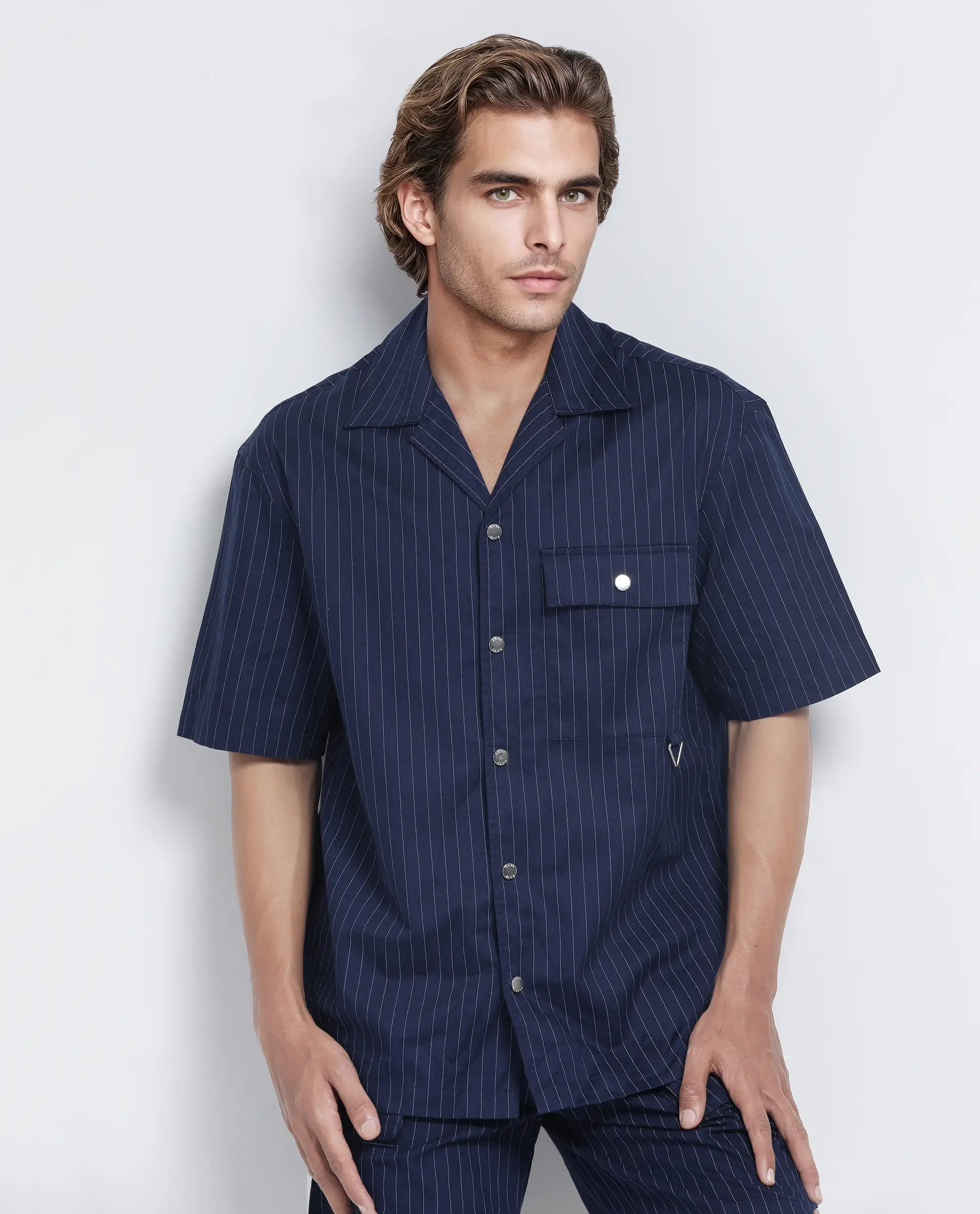 Rare Rabbit Men's Haba Navy Cotton Blend Striped Print Boxy Fit Half Sleeve Cuban Collar Shirt - Image 6