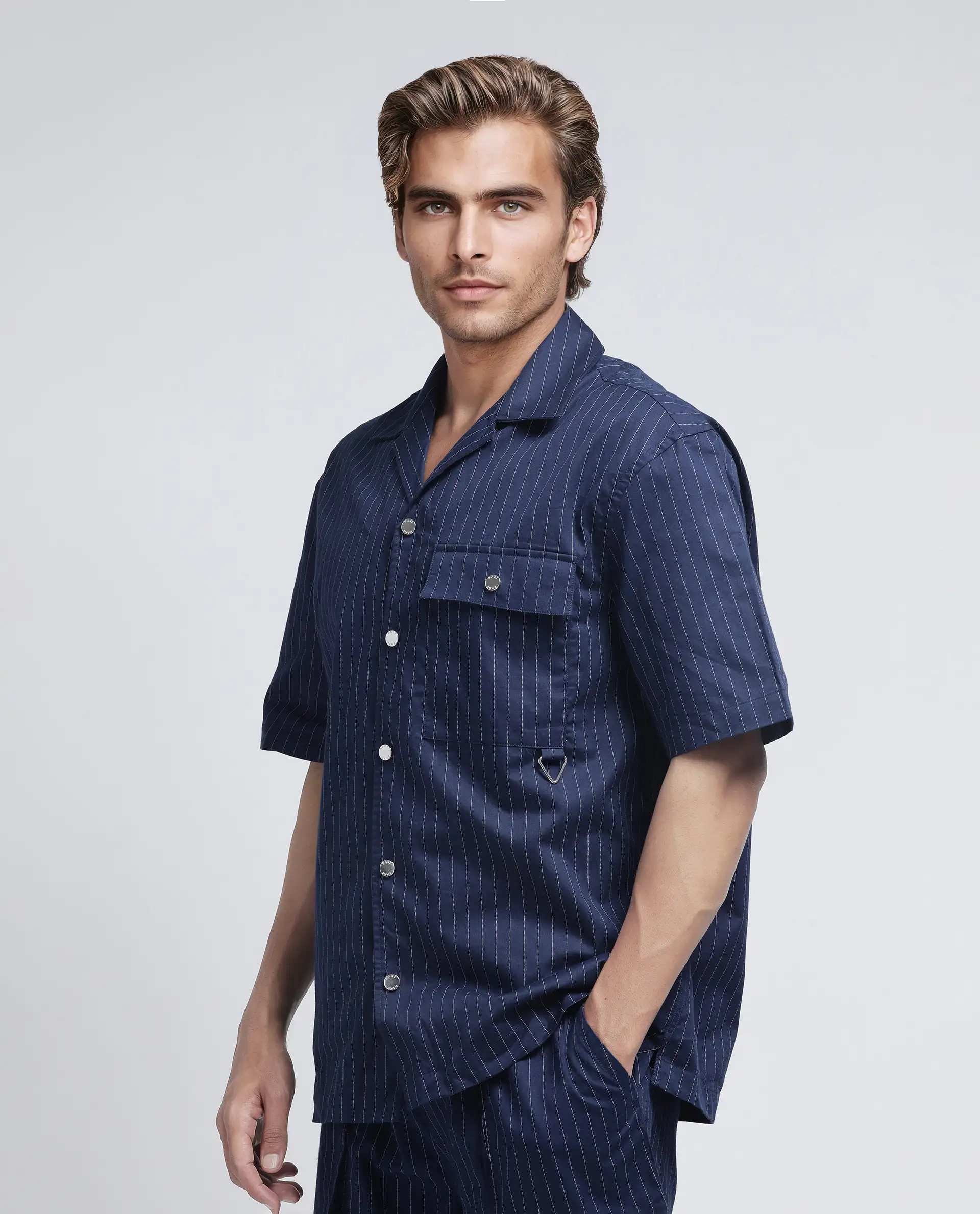 Rare Rabbit Men's Haba Navy Cotton Blend Striped Print Boxy Fit Half Sleeve Cuban Collar Shirt - Image 7