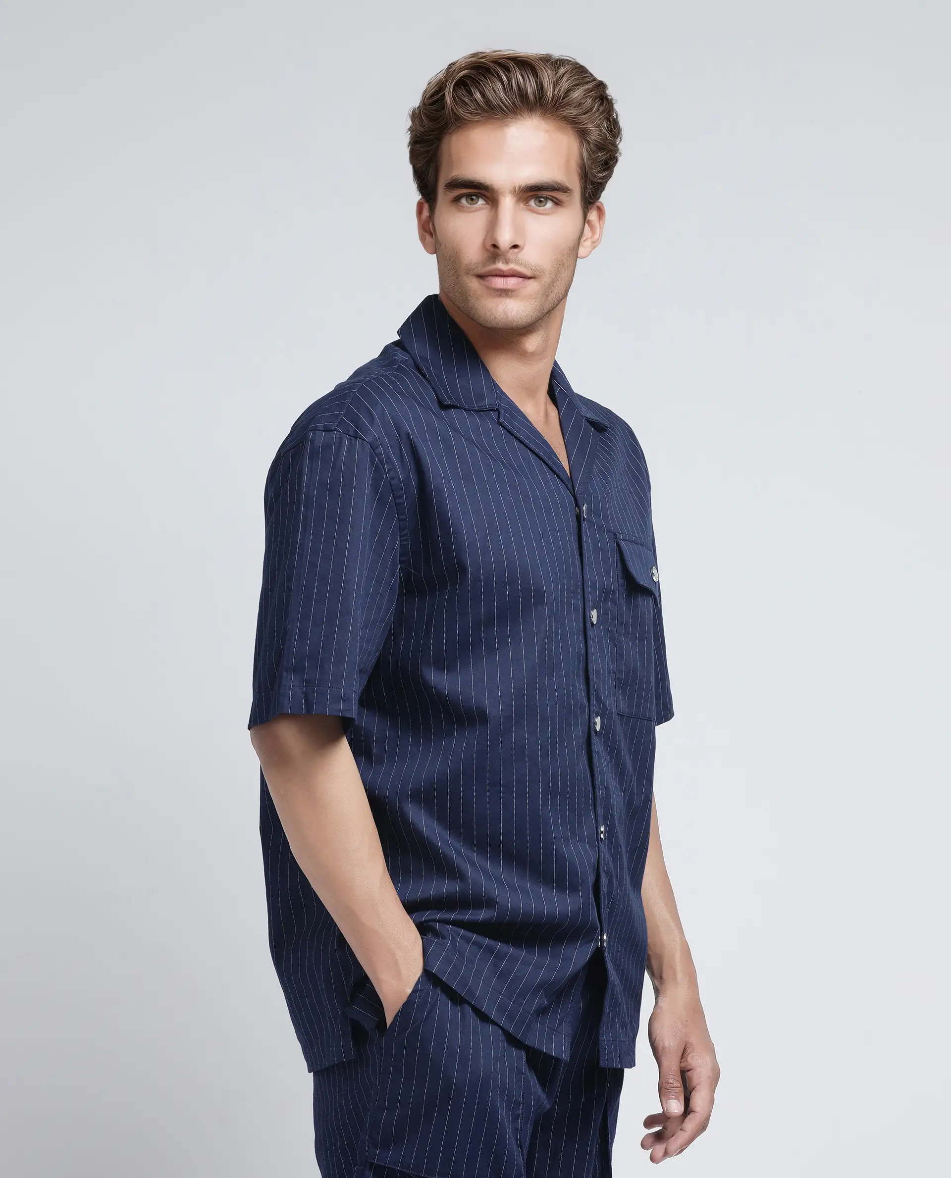 Rare Rabbit Men's Haba Navy Cotton Blend Striped Print Boxy Fit Half Sleeve Cuban Collar Shirt - Image 8