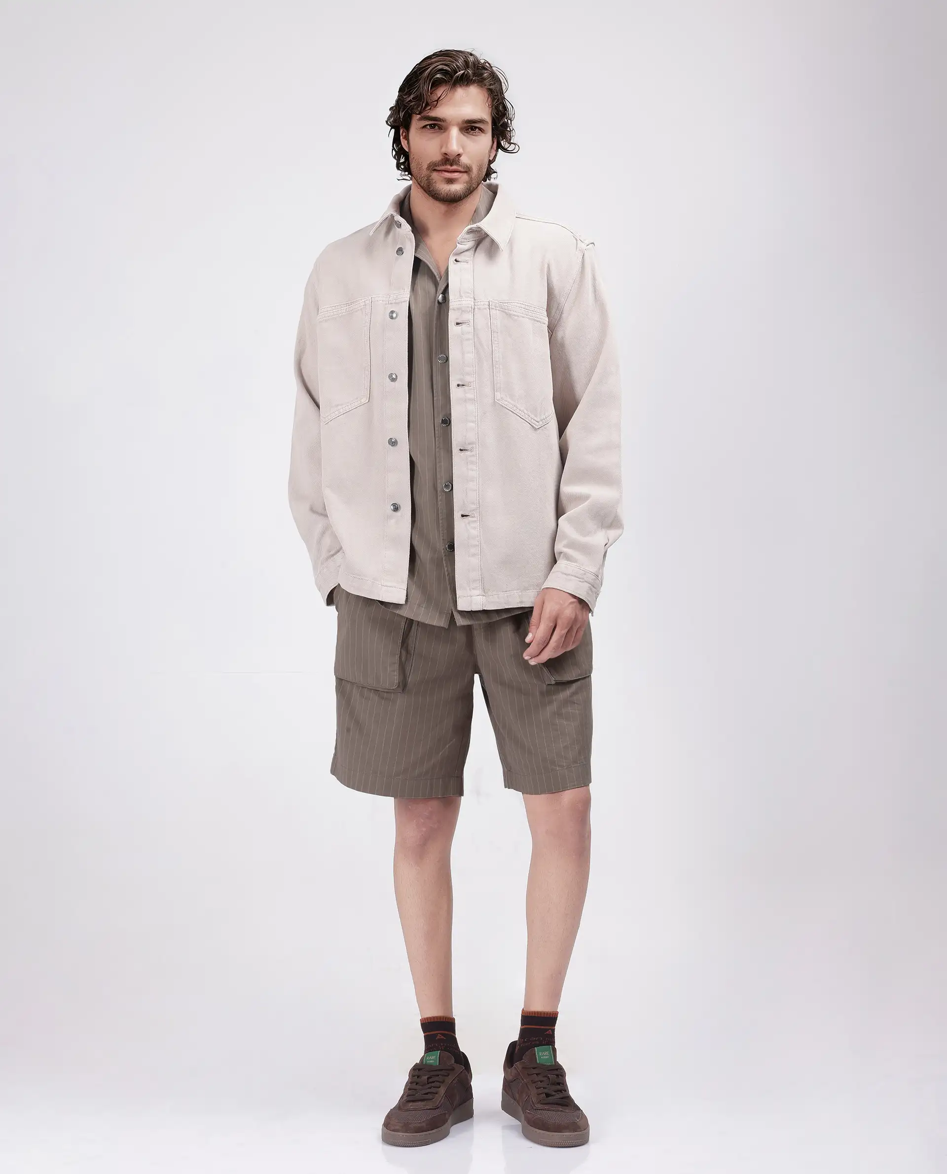 Rare Rabbit Men's Habar Beige Cotton Striped Print Oversized Fit Shorts