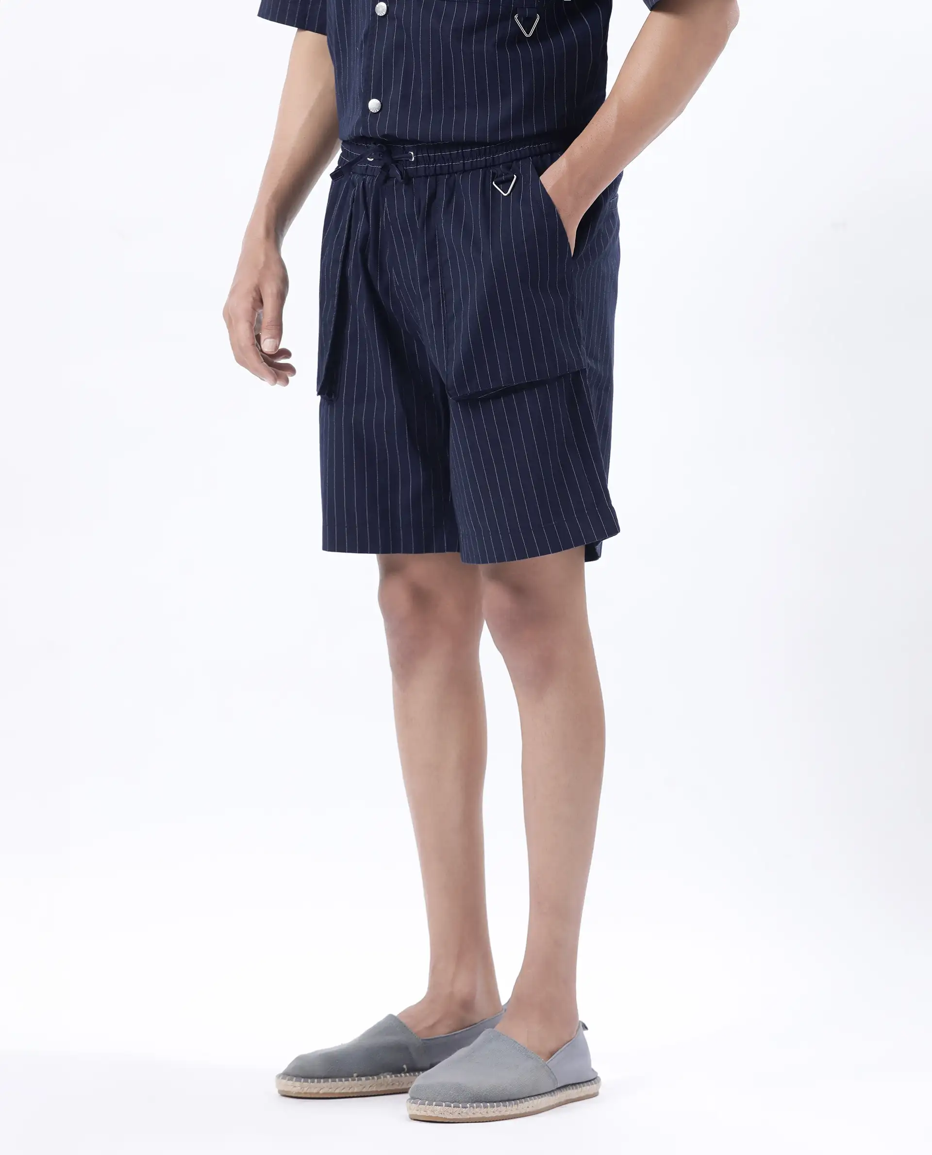 Rare Rabbit Men's Habar Navy Cotton Striped Print Oversized Fit Shorts - Image 2