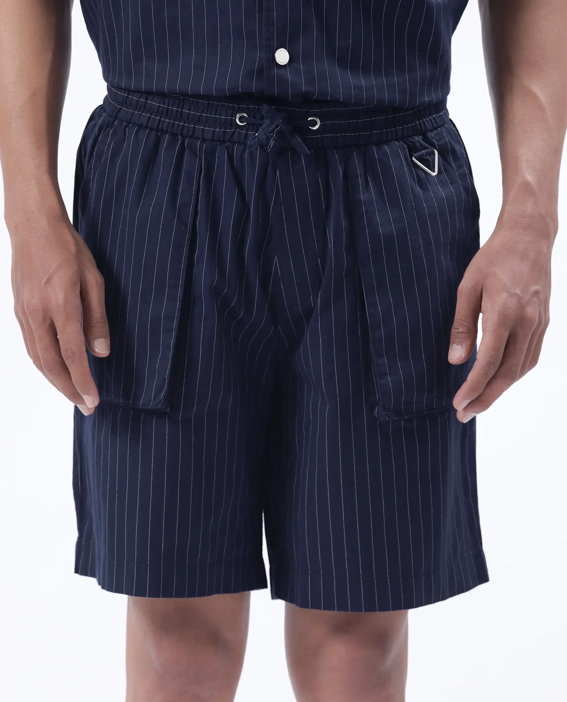 Rare Rabbit Men's Habar Navy Cotton Striped Print Oversized Fit Shorts - Image 4