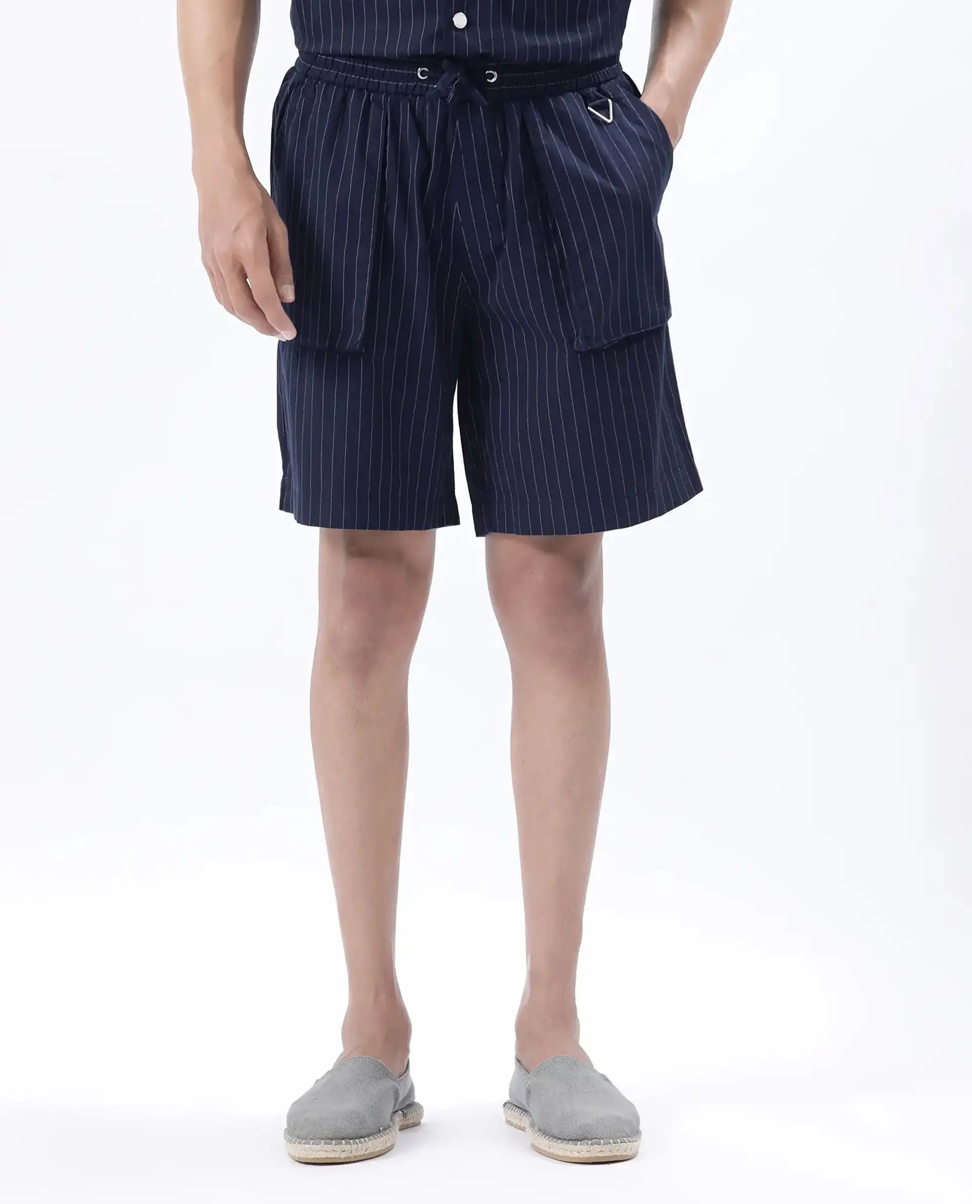 Rare Rabbit Men's Habar Navy Cotton Striped Print Oversized Fit Shorts - Image 9