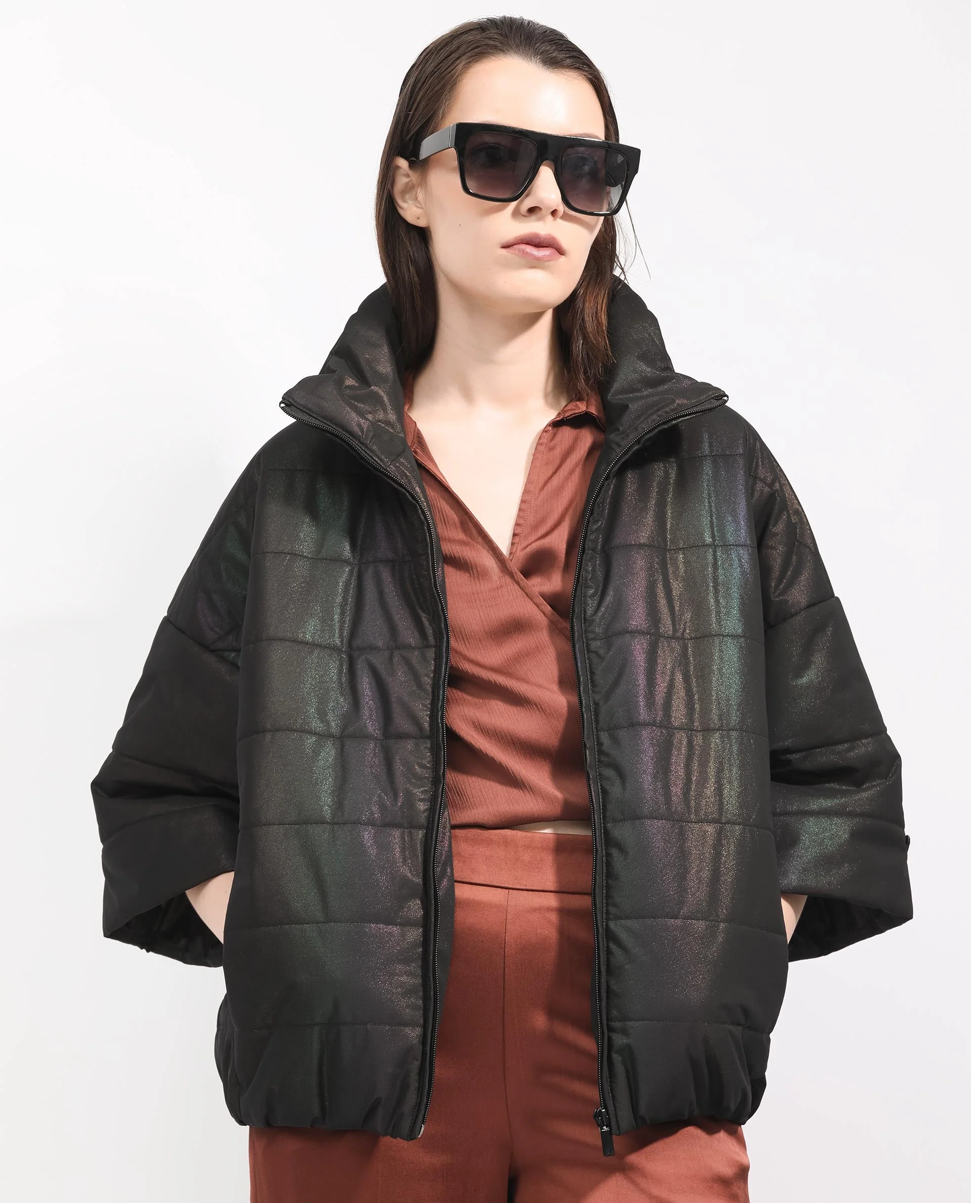 Rareism Women's Habit Black Polyester High Neck Plain Bell Sleeve Regular Fit Jacket