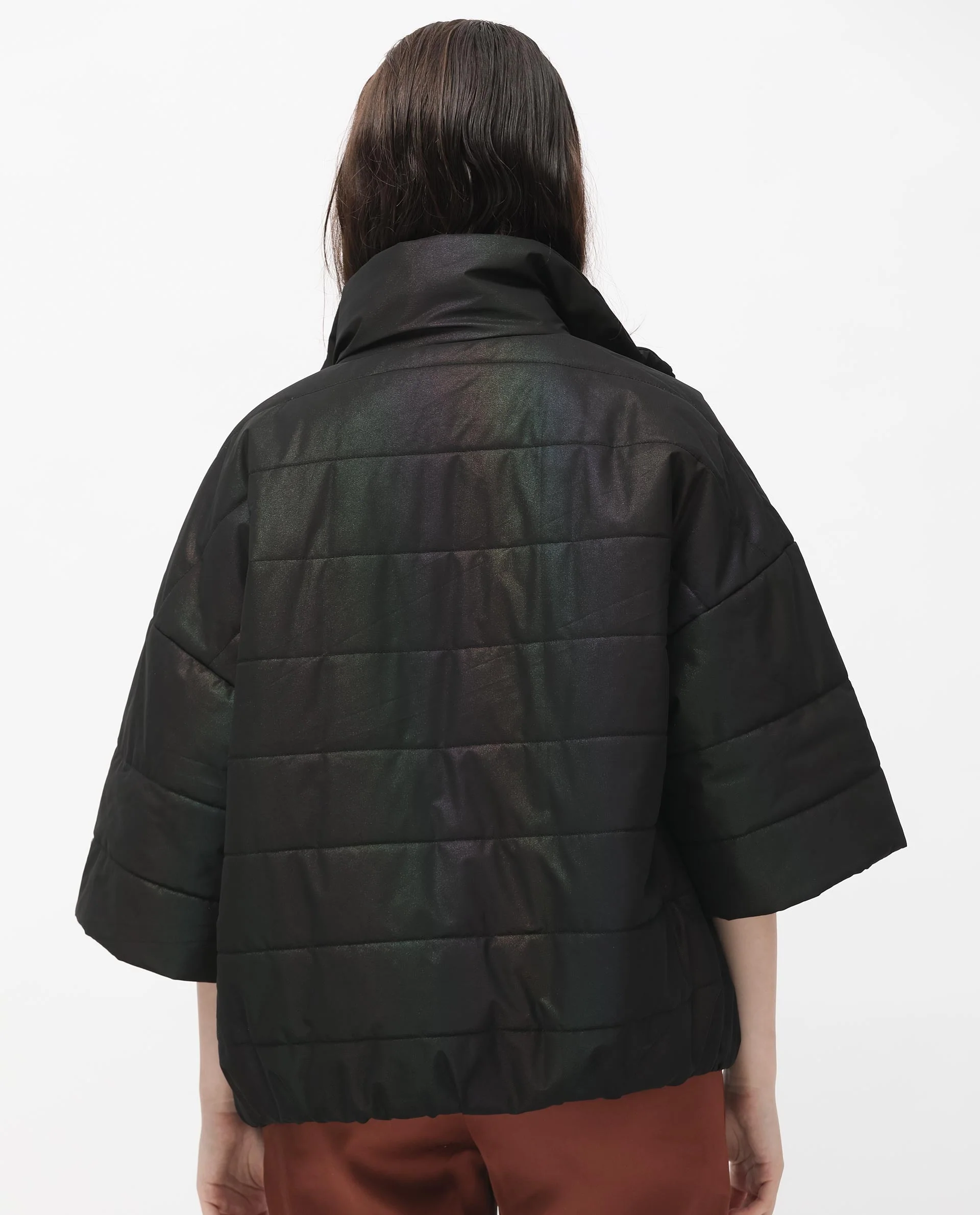 Rareism Women's Habit Black Polyester High Neck Plain Bell Sleeve Regular Fit Jacket - Image 10