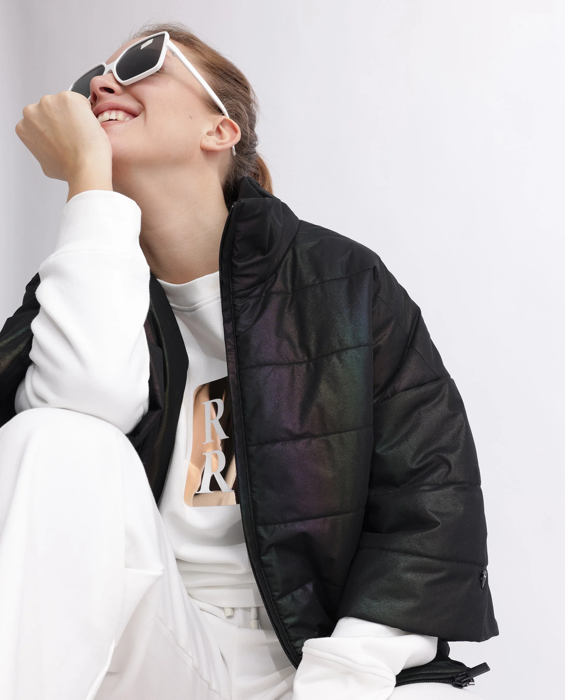 Rareism Women's Habit Black Polyester High Neck Plain Bell Sleeve Regular Fit Jacket - Image 2