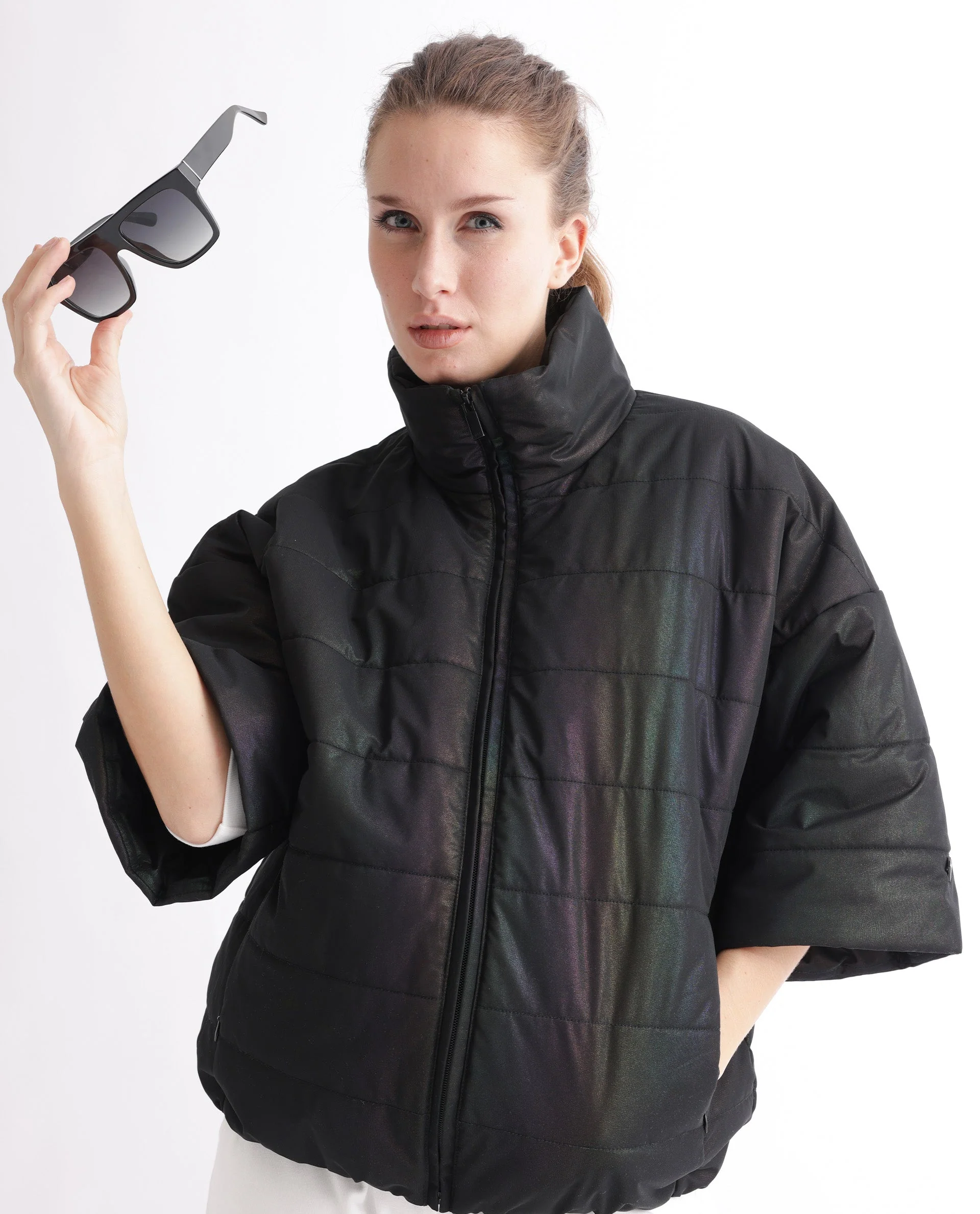 Rareism Women's Habit Black Polyester High Neck Plain Bell Sleeve Regular Fit Jacket - Image 3