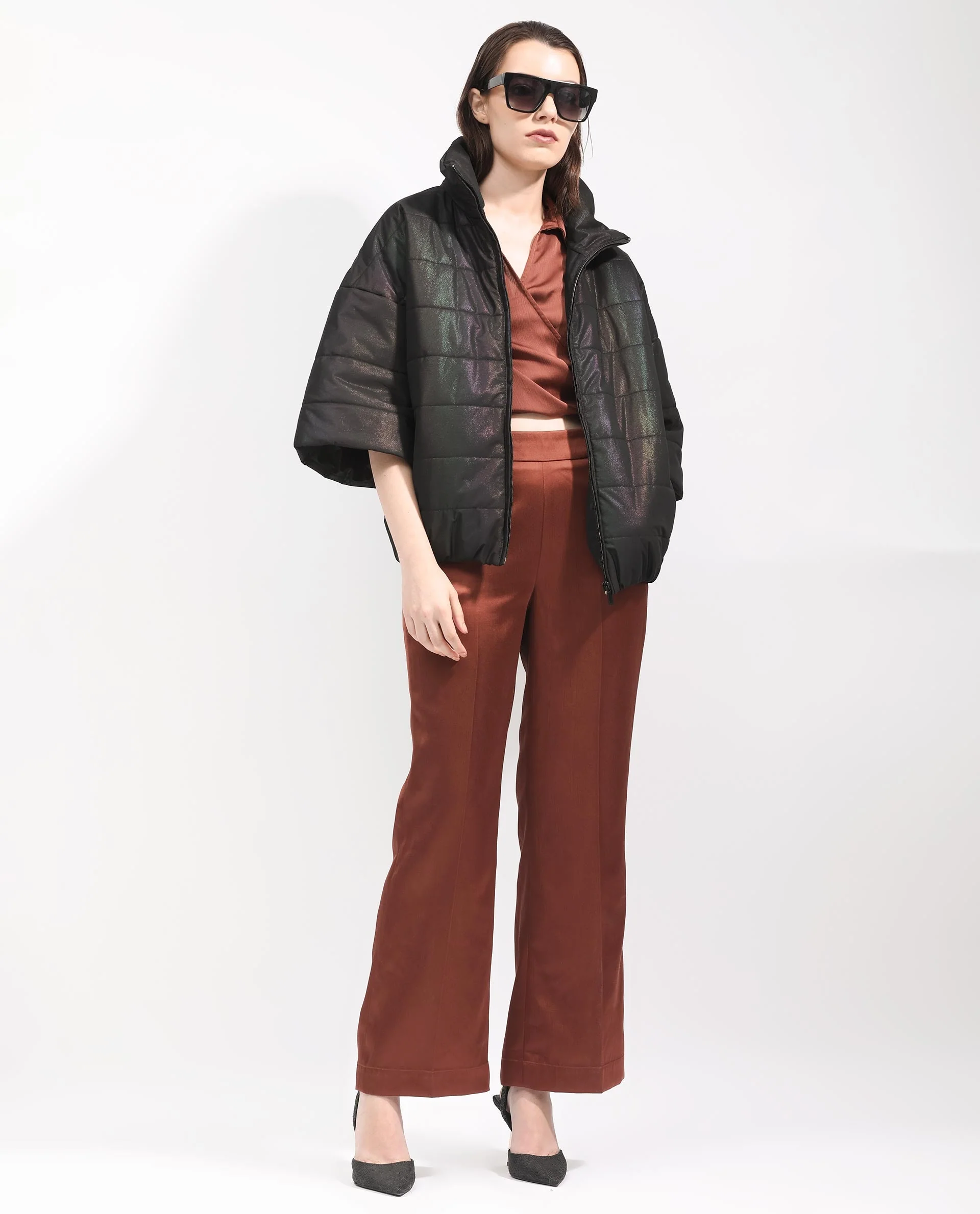 Rareism Women's Habit Black Polyester High Neck Plain Bell Sleeve Regular Fit Jacket - Image 4