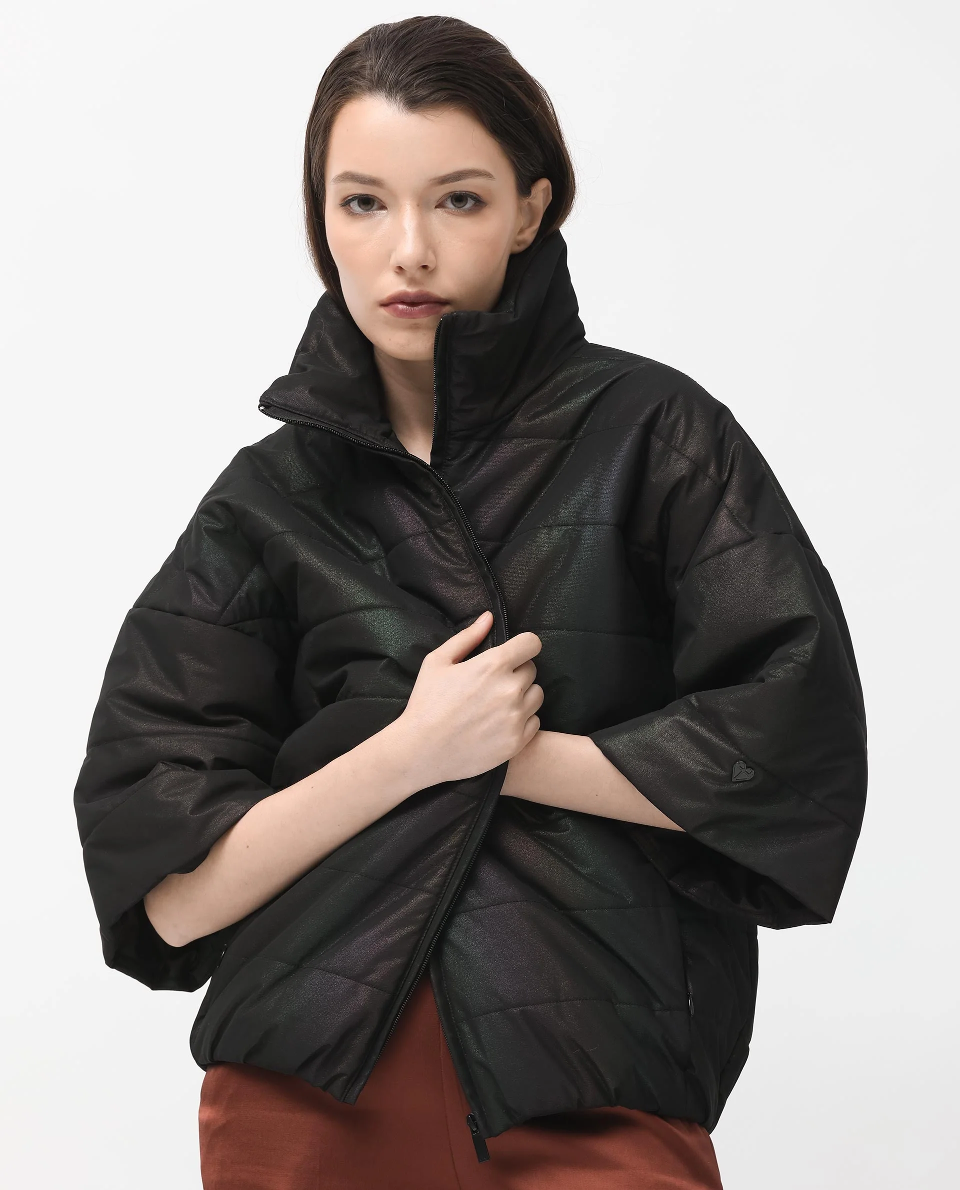 Rareism Women's Habit Black Polyester High Neck Plain Bell Sleeve Regular Fit Jacket - Image 5