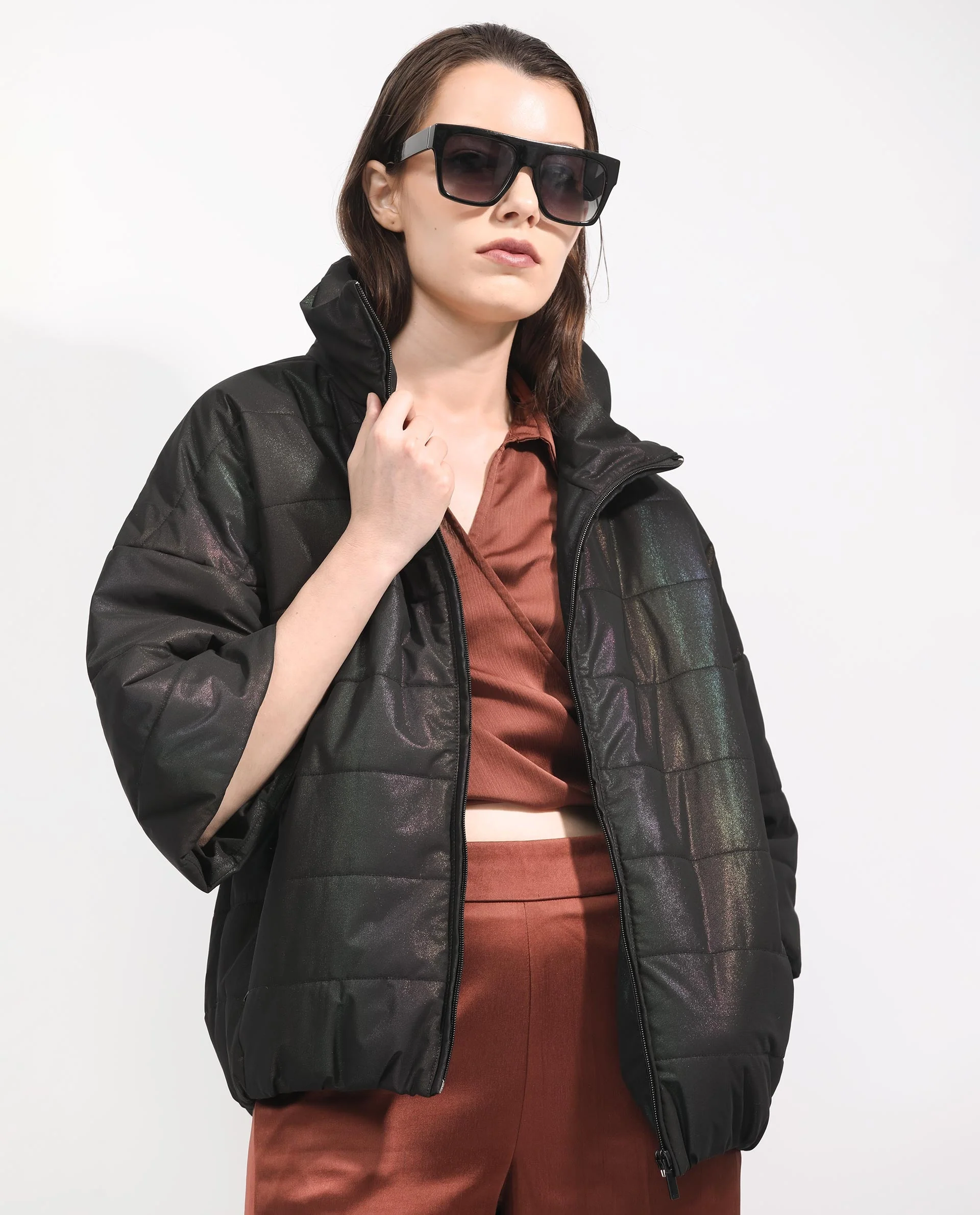 Rareism Women's Habit Black Polyester High Neck Plain Bell Sleeve Regular Fit Jacket - Image 6