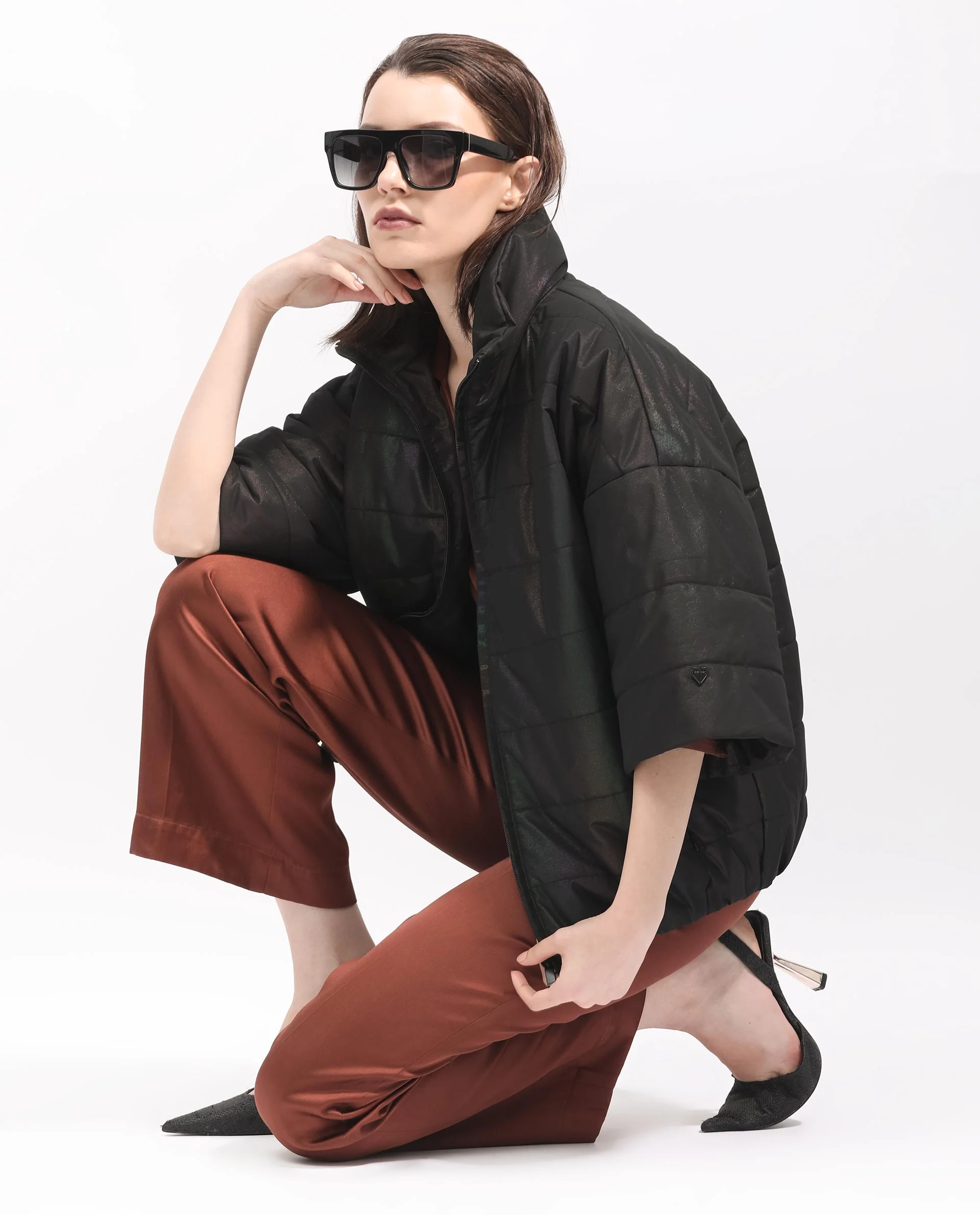 Rareism Women's Habit Black Polyester High Neck Plain Bell Sleeve Regular Fit Jacket - Image 7