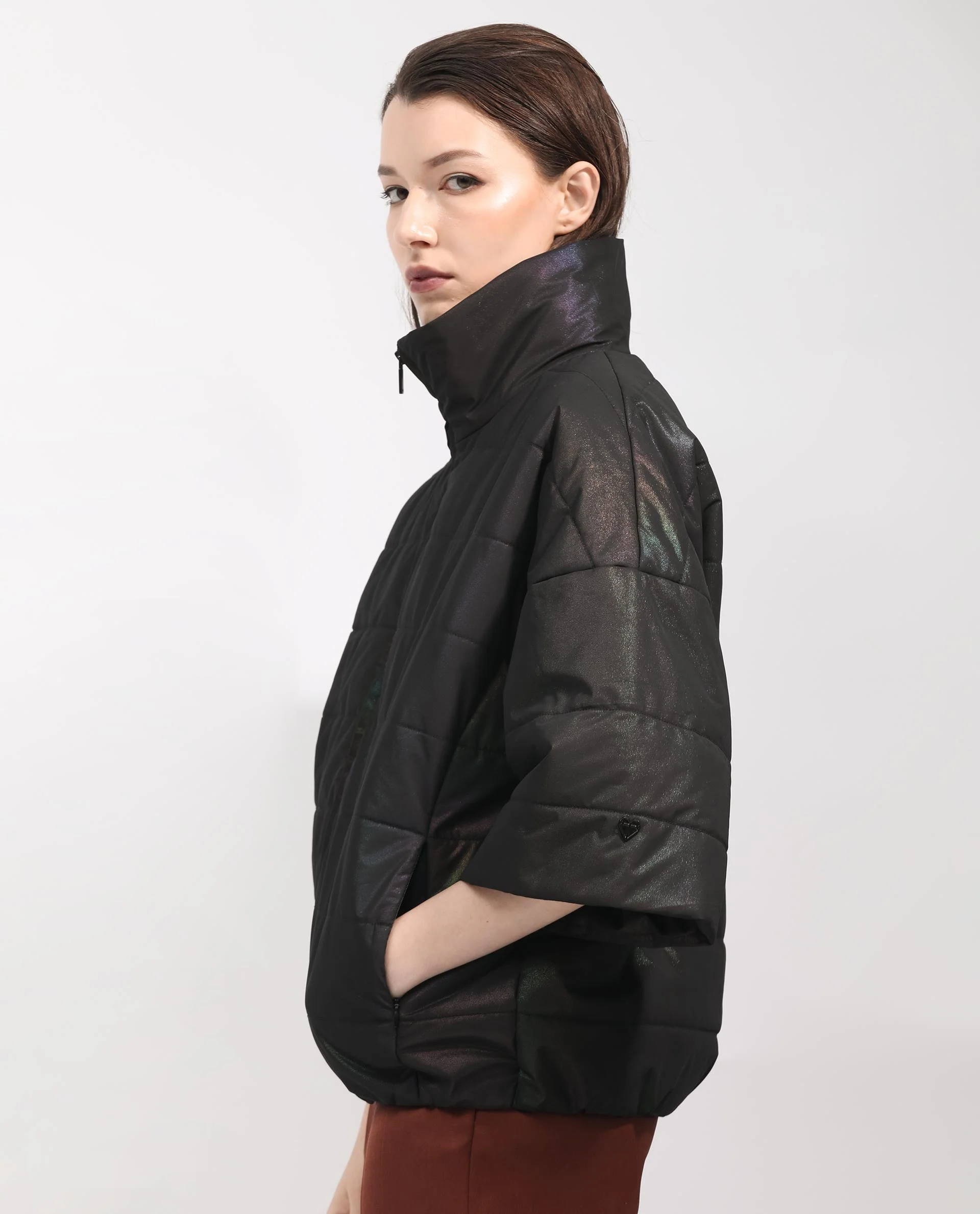 Rareism Women's Habit Black Polyester High Neck Plain Bell Sleeve Regular Fit Jacket - Image 9