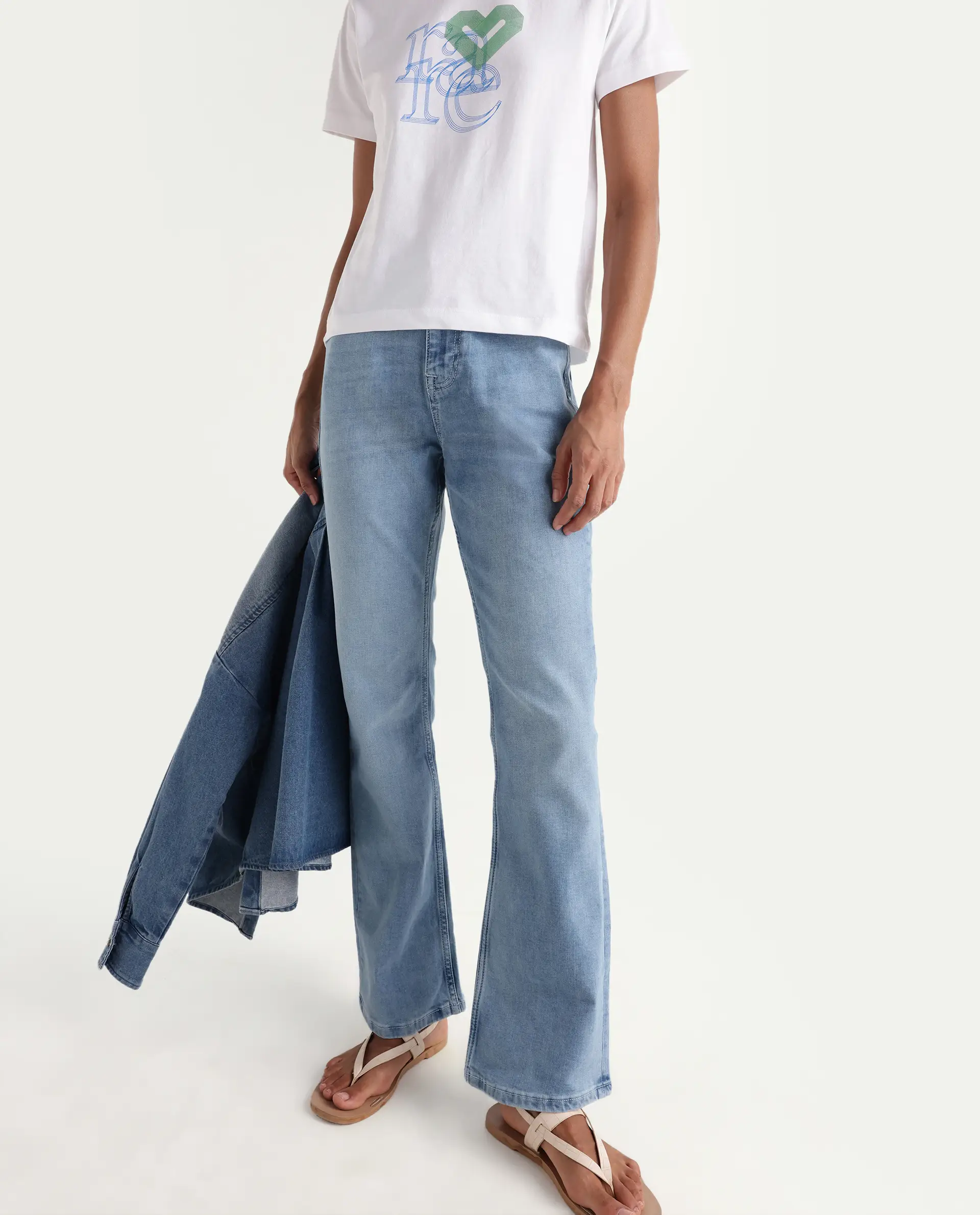 Rareism Women's Hadley Pastel Blue Cotton Blend Plain Ankle Length Bootcut Jeans - Image 2