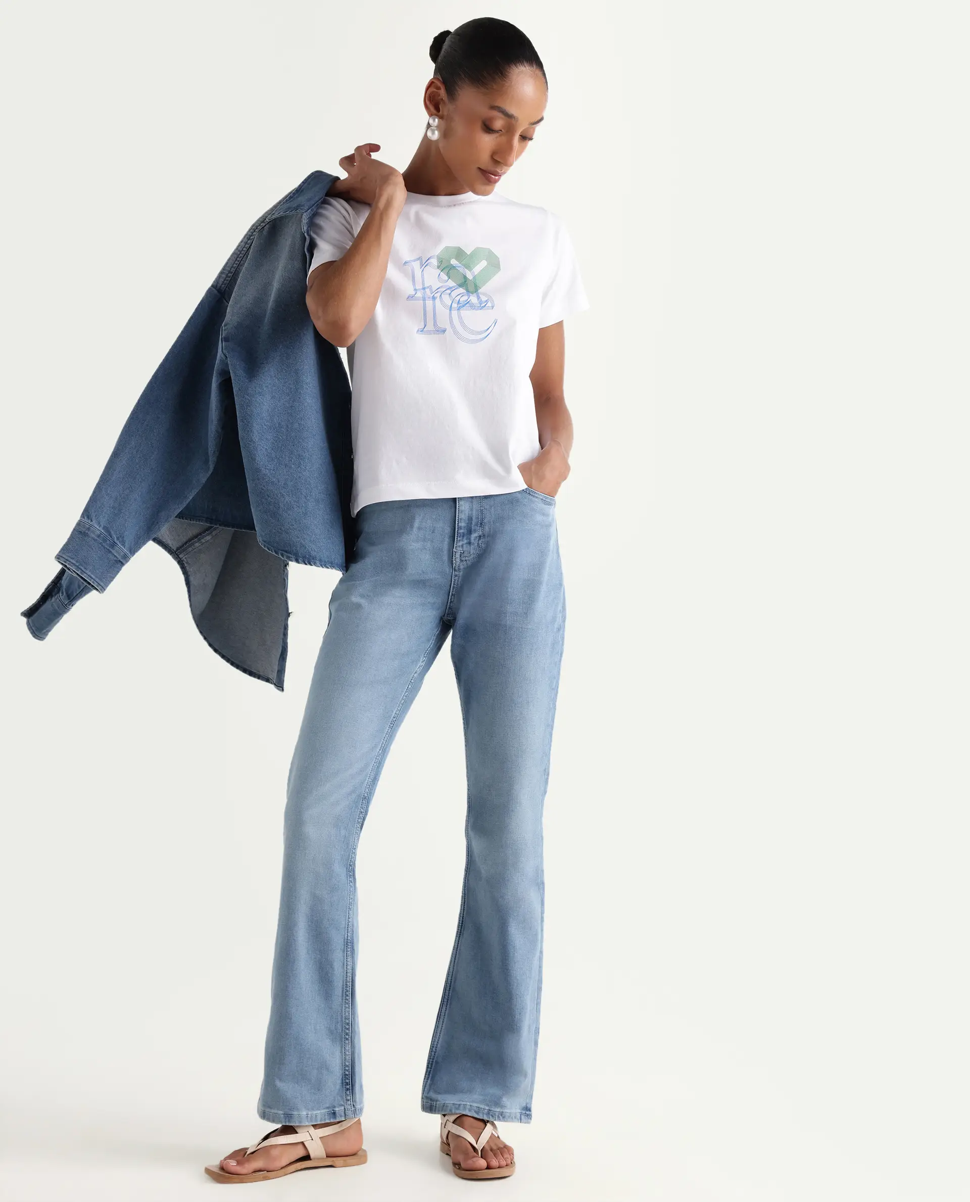 Rareism Women's Hadley Pastel Blue Cotton Blend Plain Ankle Length Bootcut Jeans - Image 4