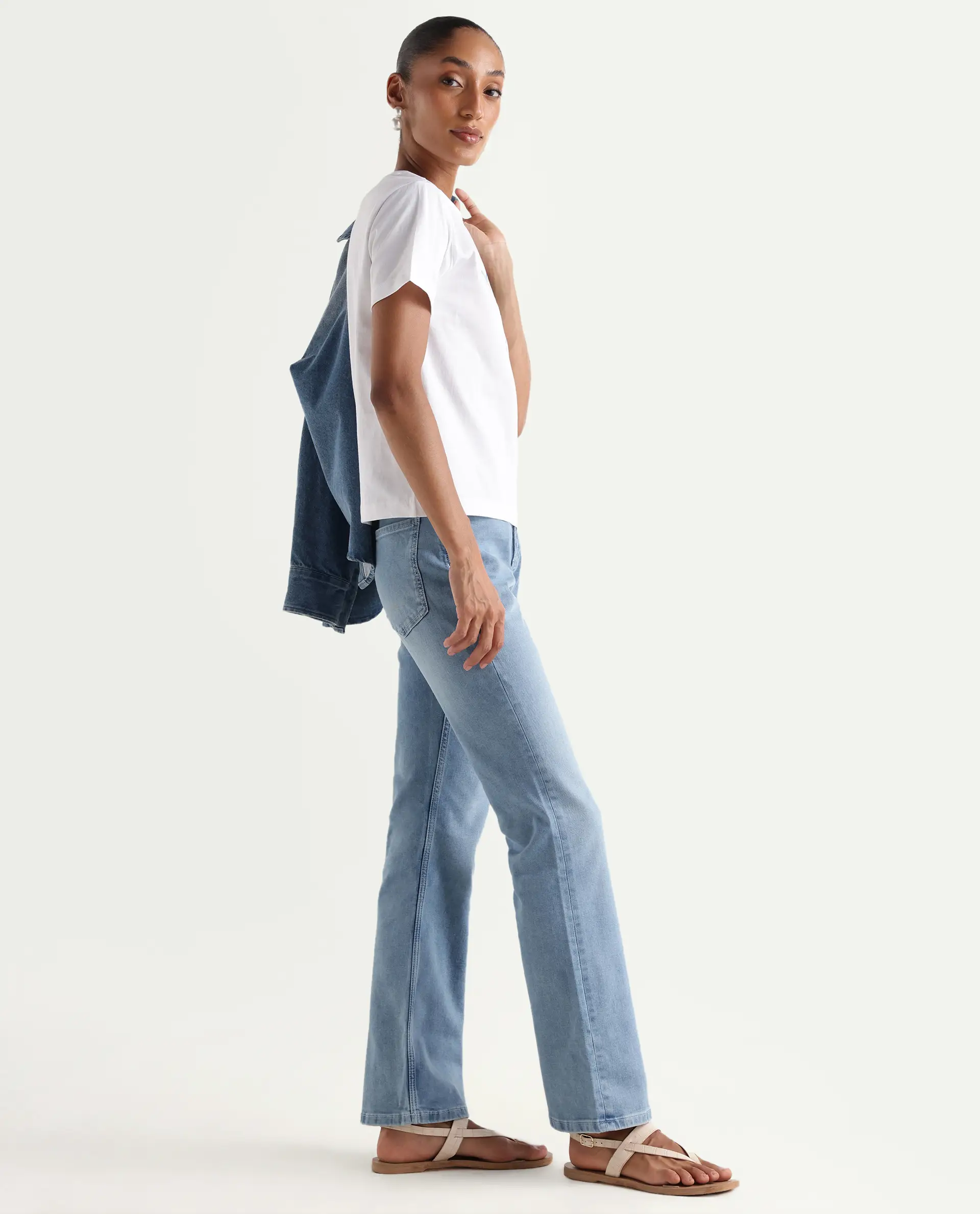 Rareism Women's Hadley Pastel Blue Cotton Blend Plain Ankle Length Bootcut Jeans - Image 5