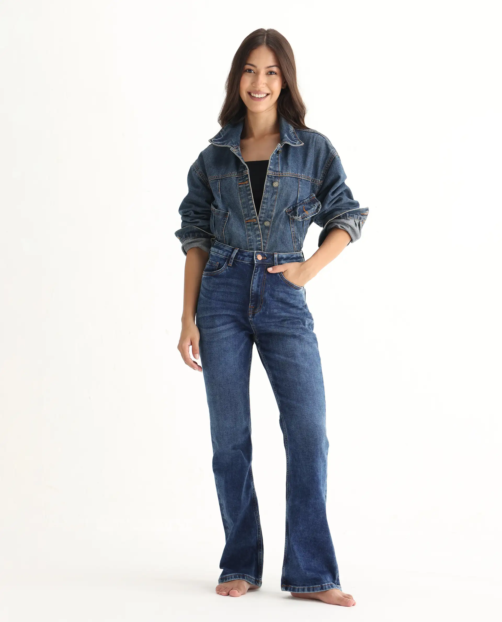 Rareism Women's Hadley Blue Cotton Blend Plain Ankle Length Iconic Bootcut Jeans - Image 5