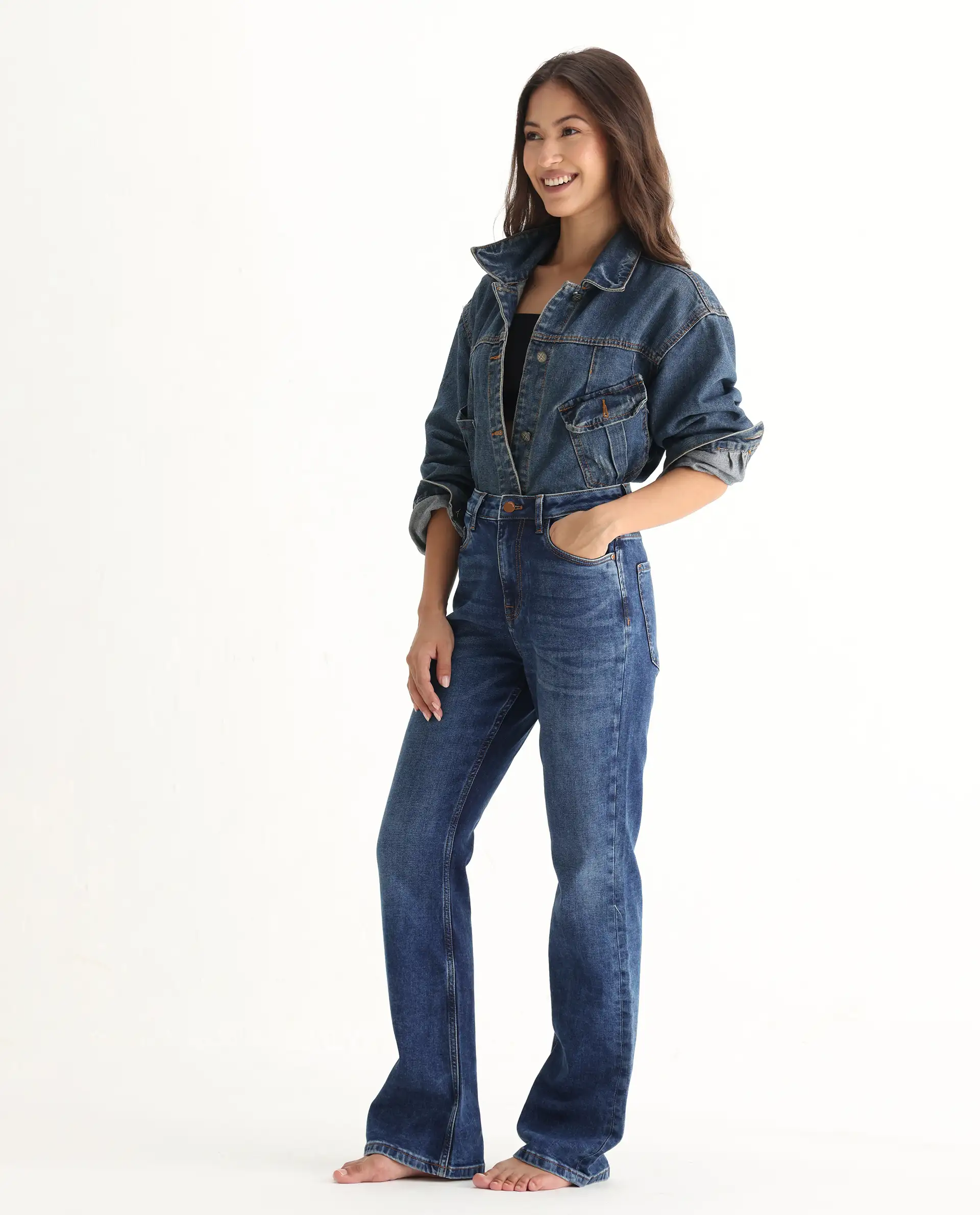 Rareism Women's Hadley Blue Cotton Blend Plain Ankle Length Iconic Bootcut Jeans - Image 6