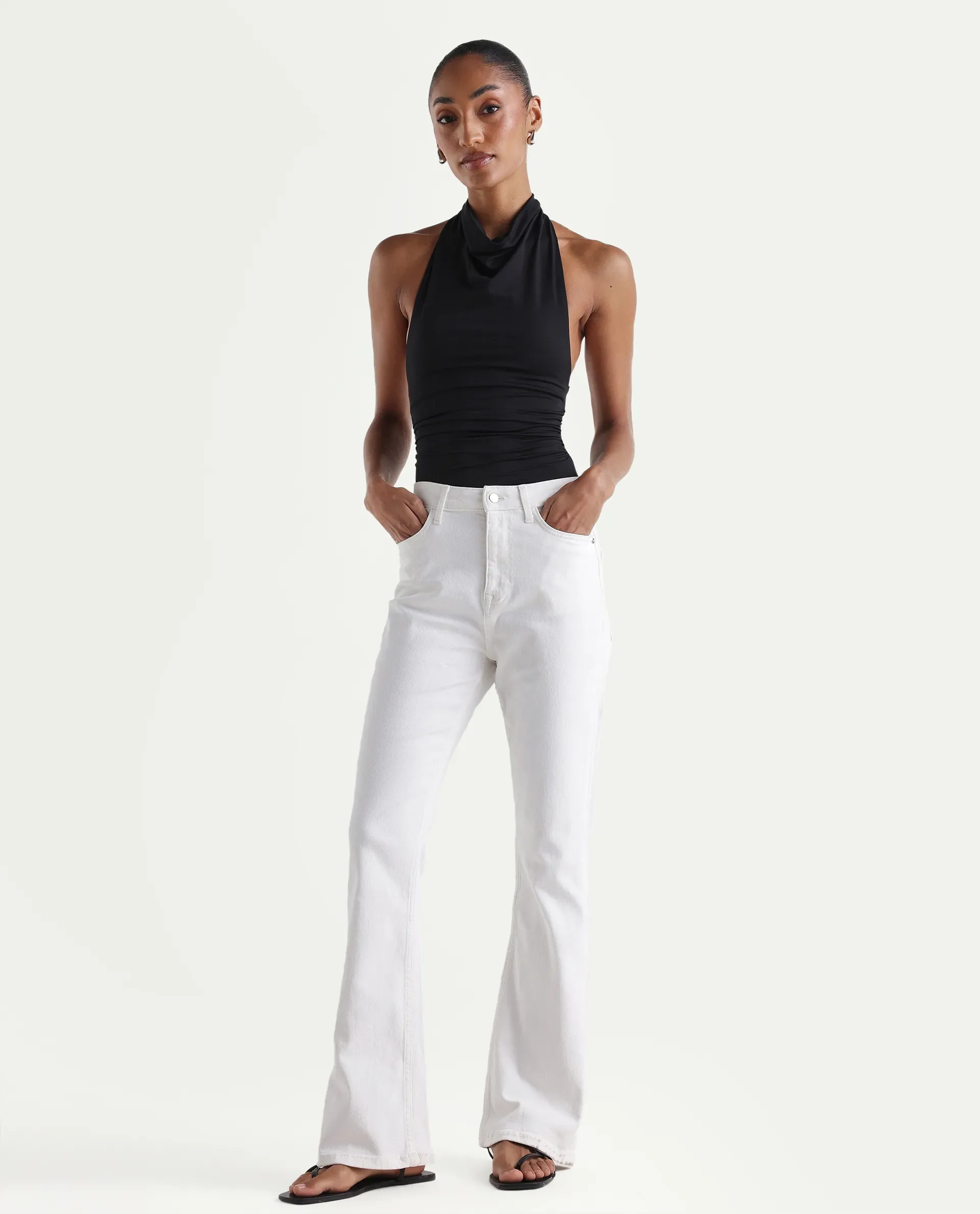 Rareism Women's Hadley White Cotton Blend Plain Ankle Length Iconic Bootcut Jeans