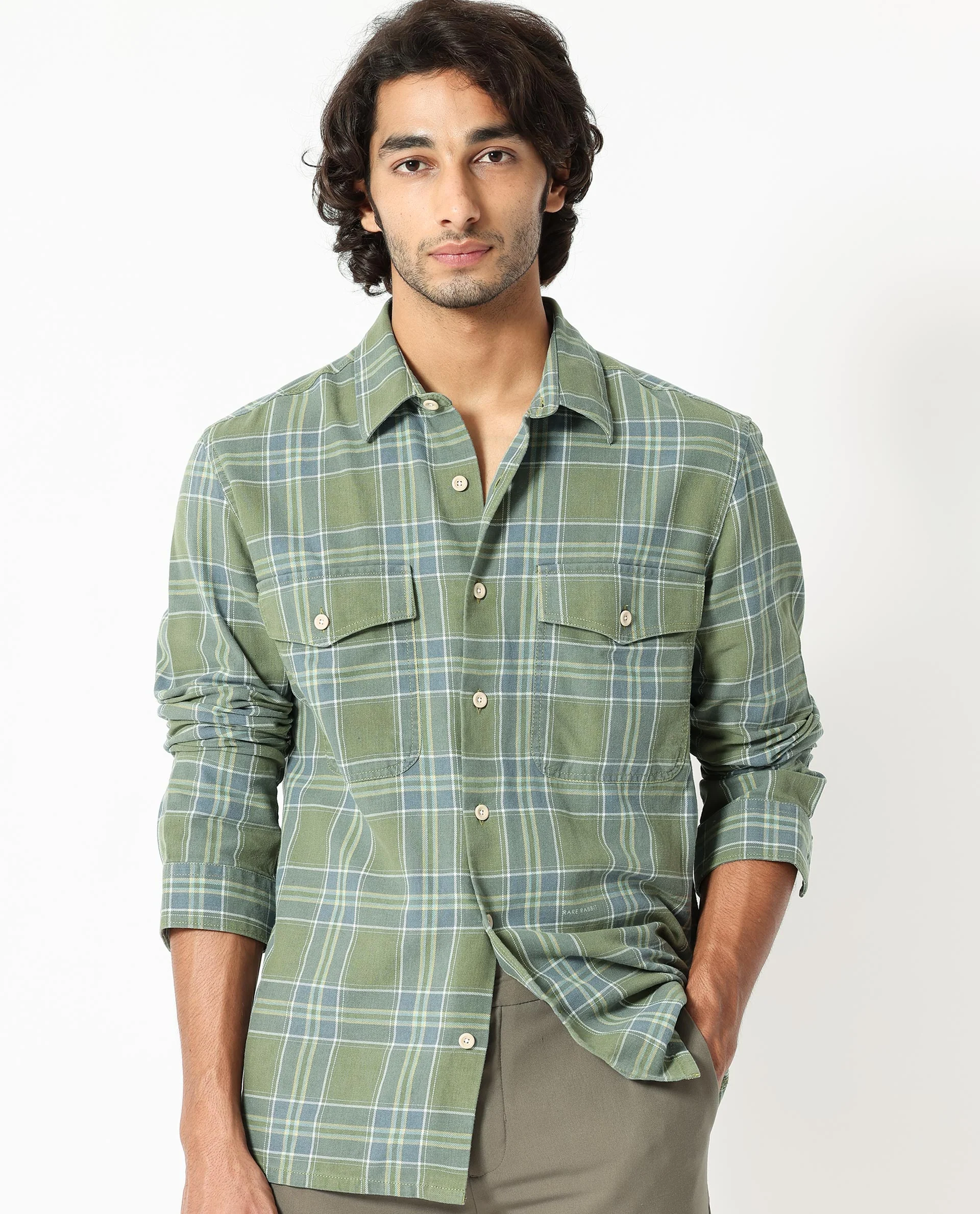 Rare Rabbit Men's Hadsten Green Cotton Checked Print Regular Fit Full Sleeve Collared Shirt