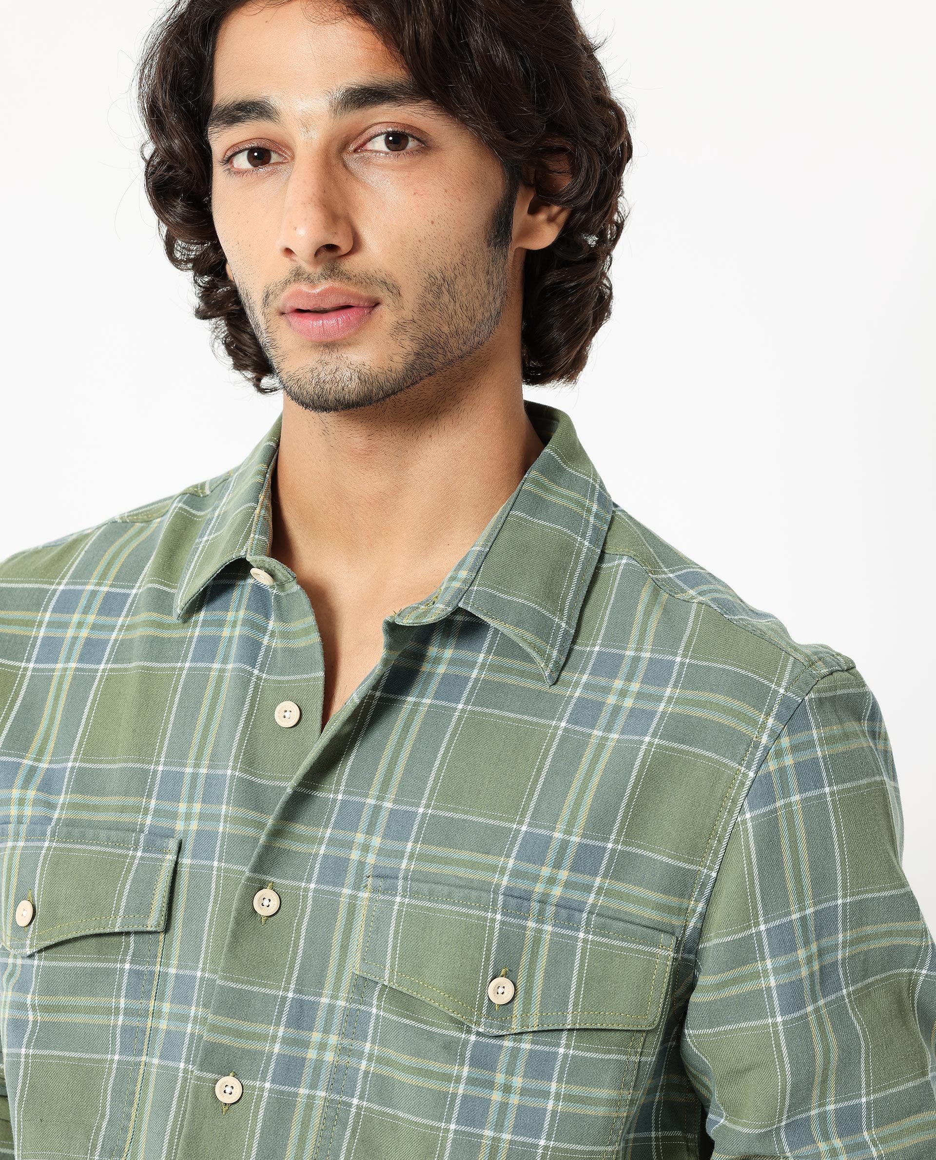 Rare Rabbit Men's Hadsten Green Cotton Checked Print Regular Fit Full Sleeve Collared Shirt - Image 3