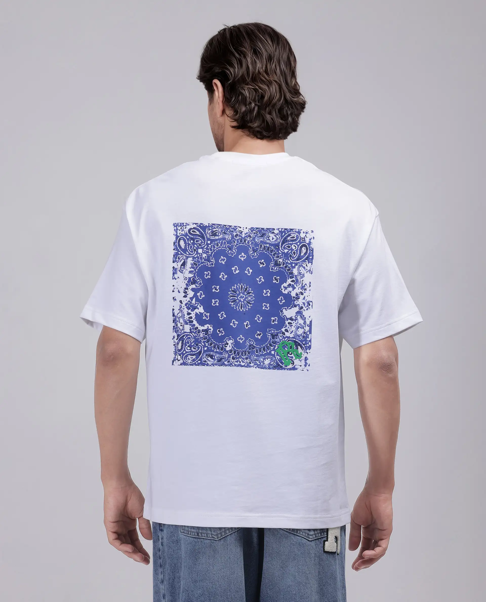 Rare Rabbit Men's Haf White Cotton Blend Graphic Print Oversized Fit Half Sleeve Crew Neck T-Shirt - Image 4