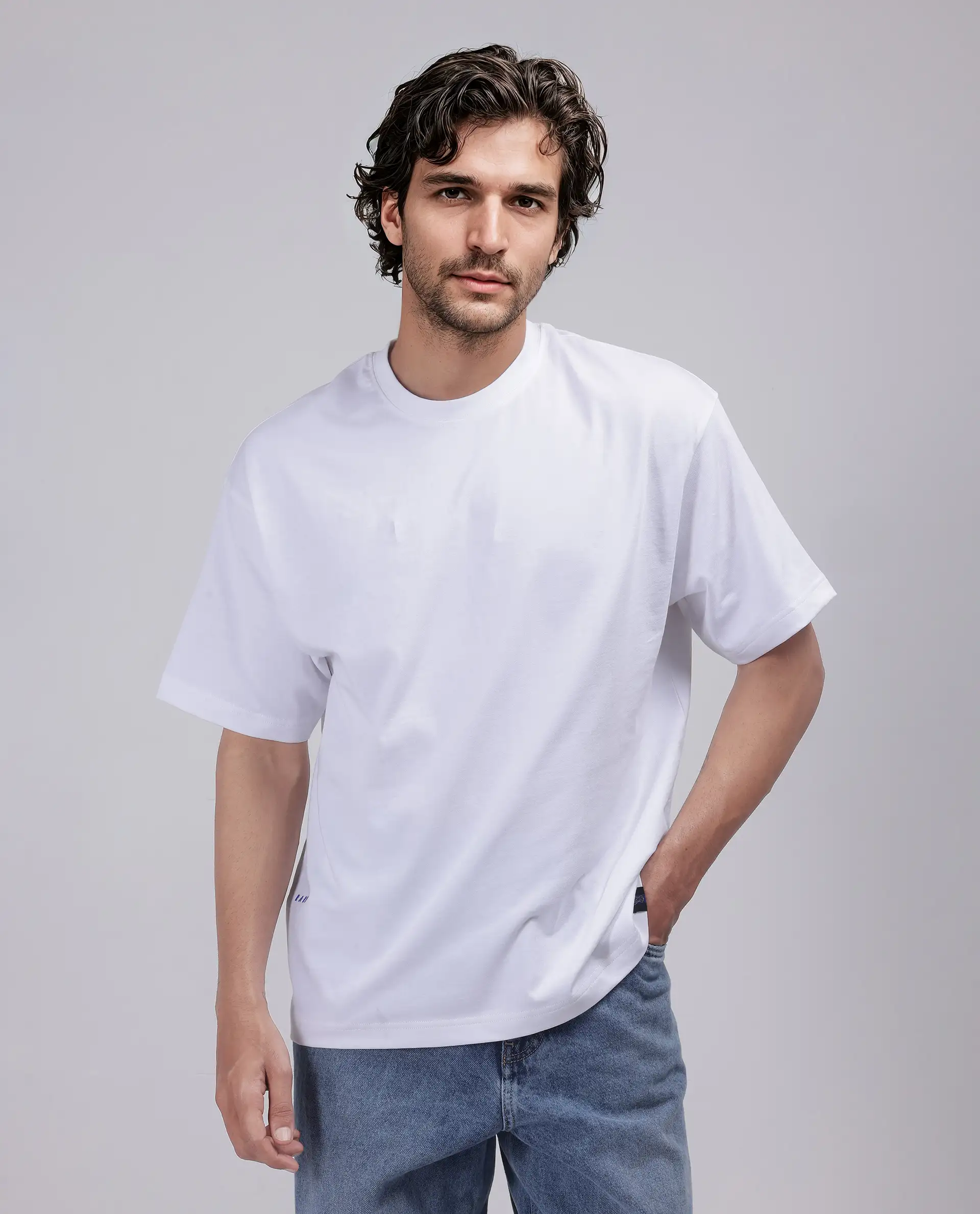 Rare Rabbit Men's Haf White Cotton Blend Graphic Print Oversized Fit Half Sleeve Crew Neck T-Shirt - Image 5