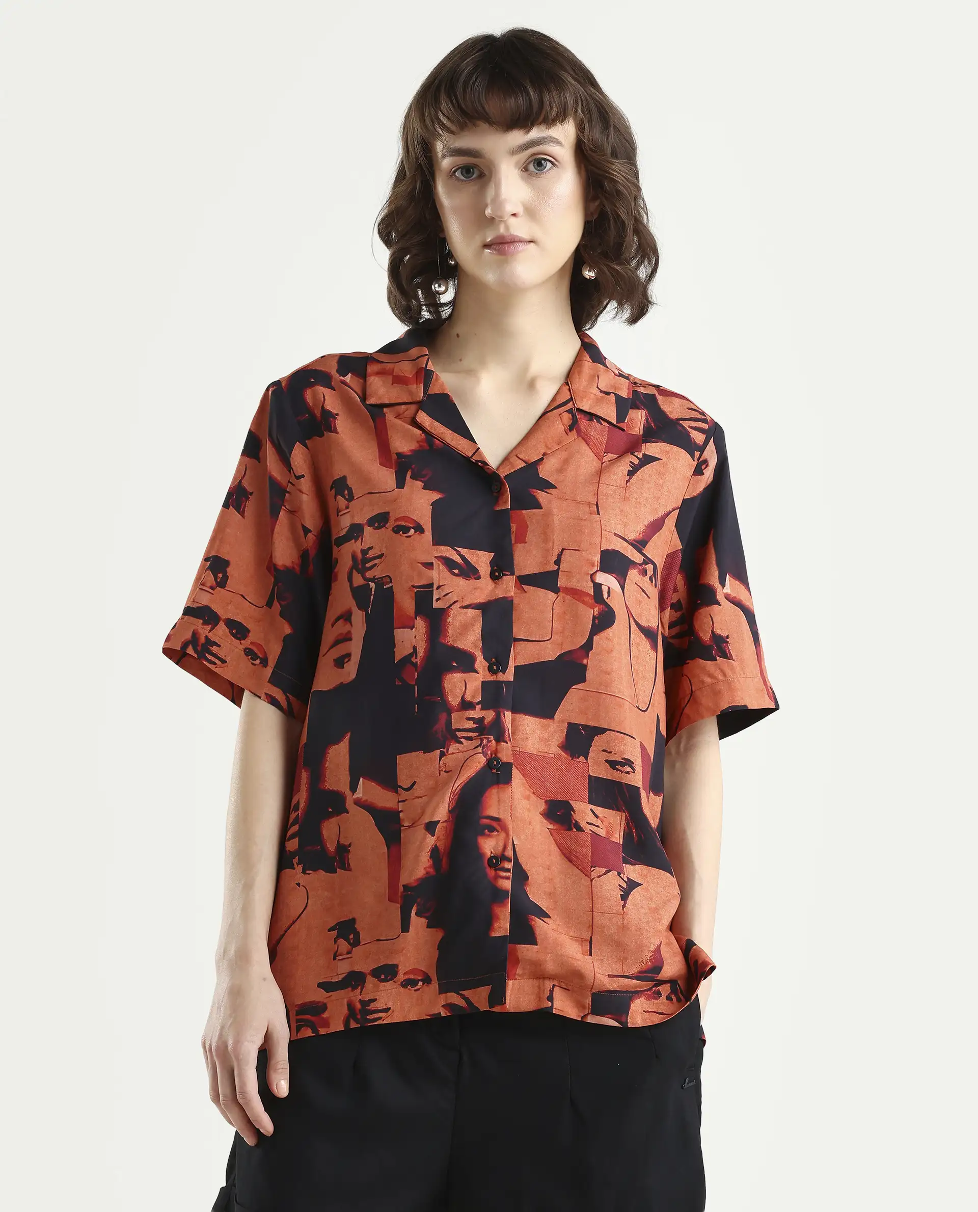 Rareism Women's Hagen Brown Viscose Spread Collar Abstract Print Relaxed Fit Top - Image 3
