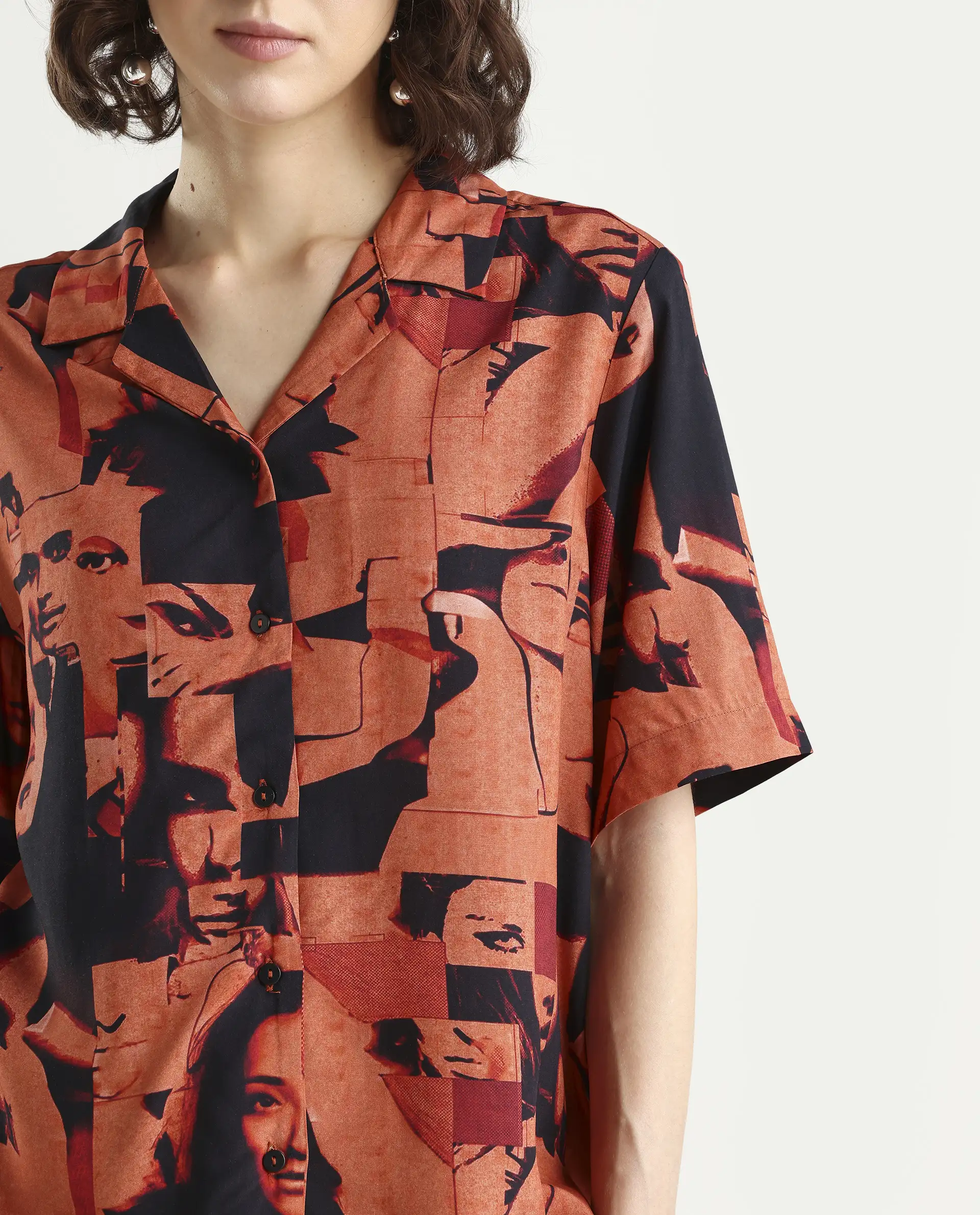 Rareism Women's Hagen Brown Viscose Spread Collar Abstract Print Relaxed Fit Top - Image 4