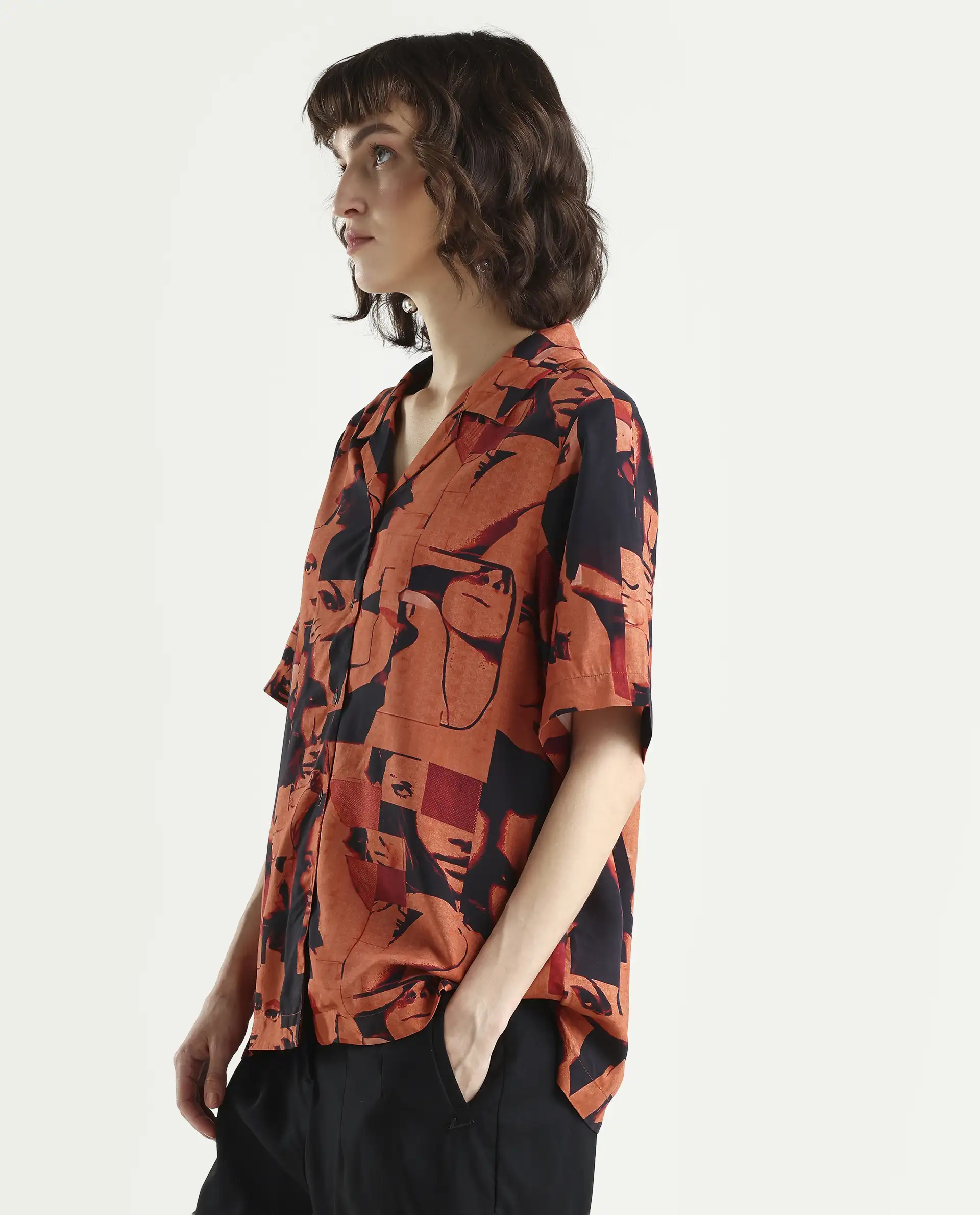 Rareism Women's Hagen Brown Viscose Spread Collar Abstract Print Relaxed Fit Top - Image 5