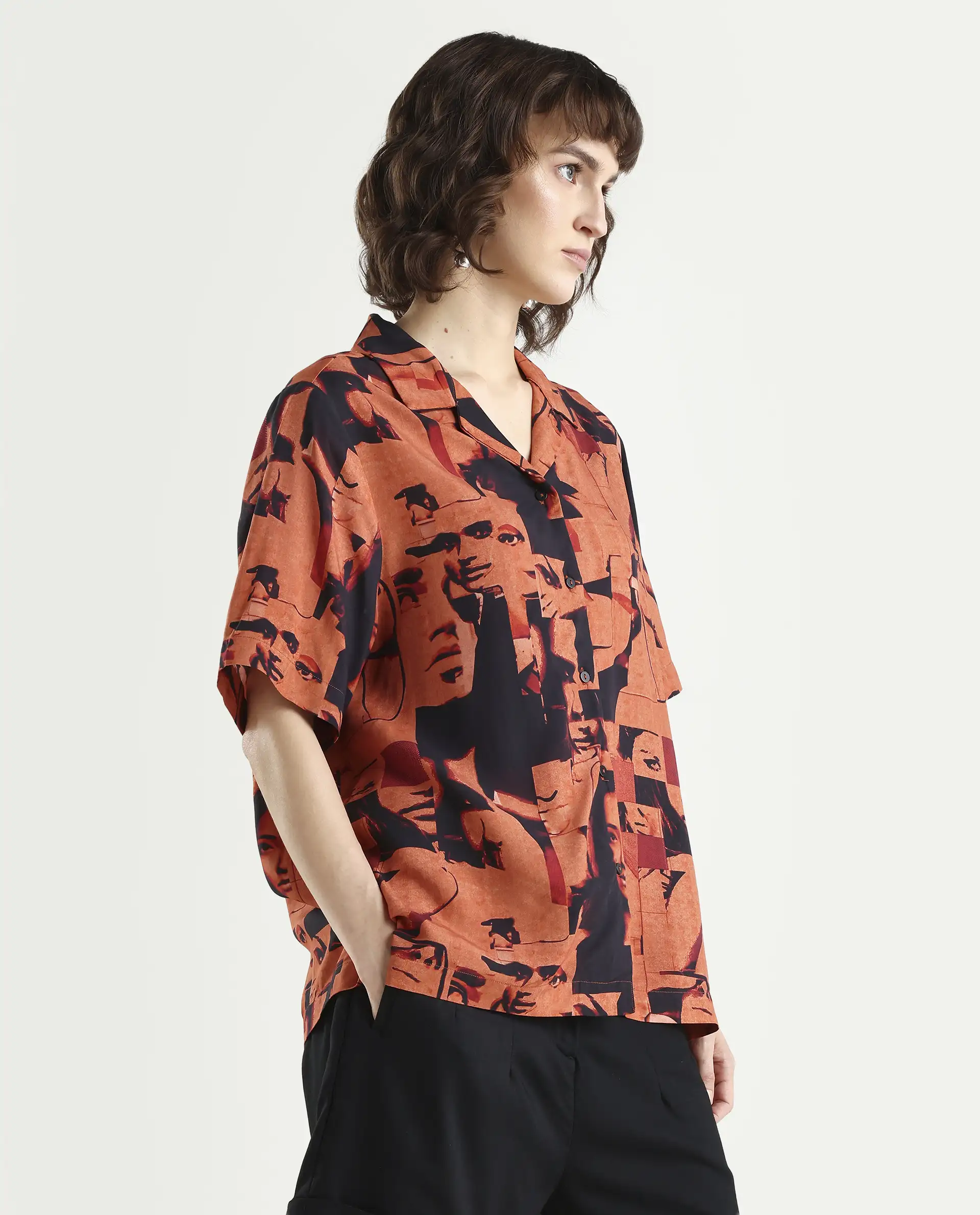 Rareism Women's Hagen Brown Viscose Spread Collar Abstract Print Relaxed Fit Top - Image 6