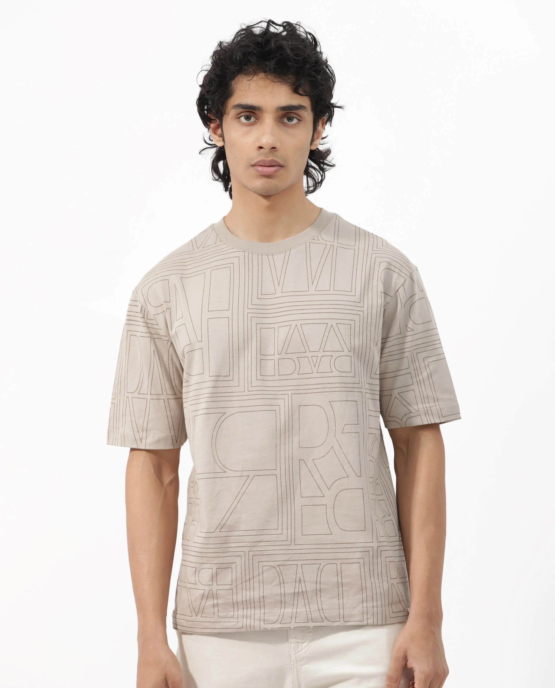 Rare Rabbit Articale Men's Hagrid Beige Cotton Polyester Fabric Crew Neck Oversized Fit Branded Graphic Print T-Shirt - Image 4