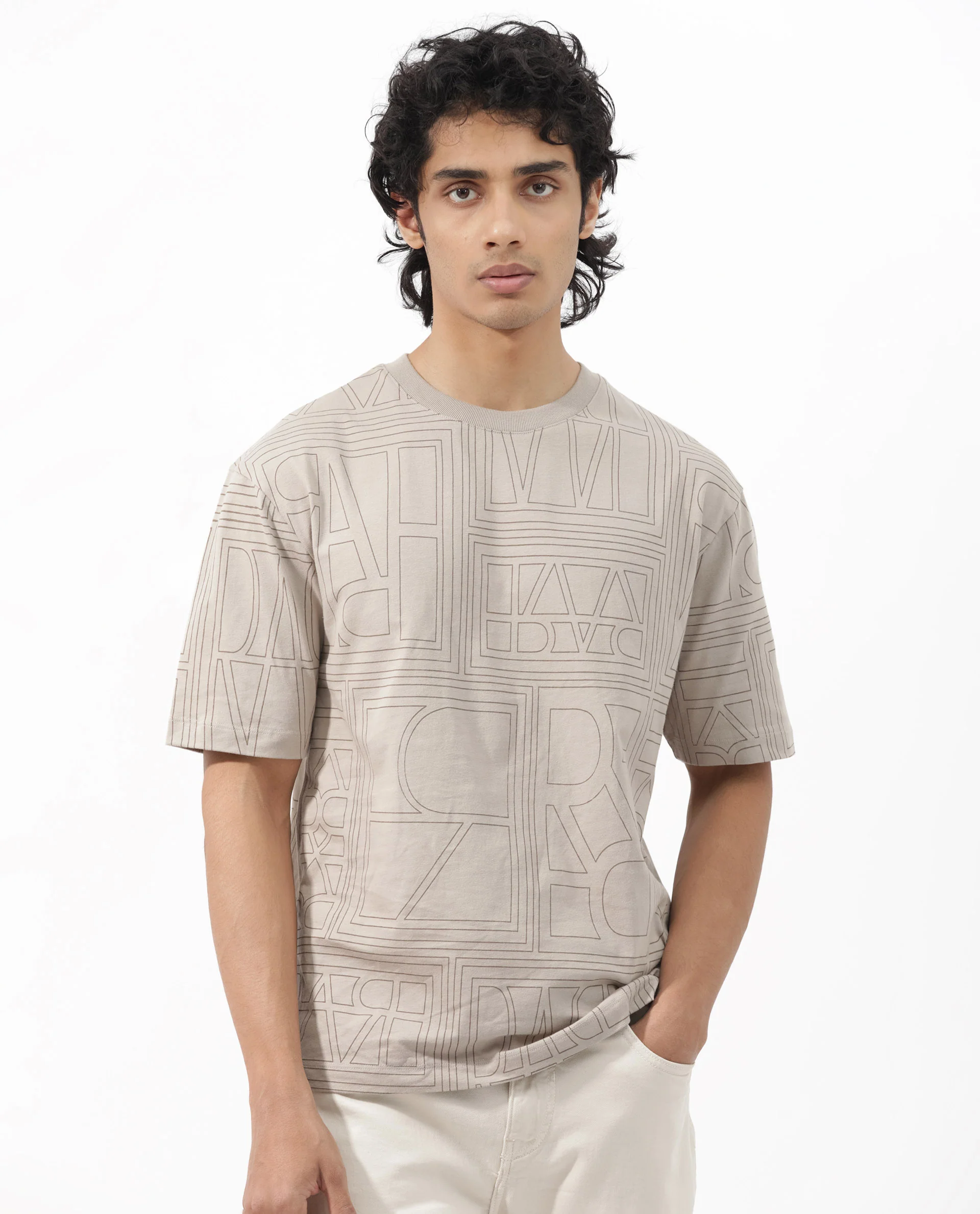 Rare Rabbit Articale Men's Hagrid Beige Cotton Polyester Fabric Crew Neck Oversized Fit Branded Graphic Print T-Shirt - Image 5