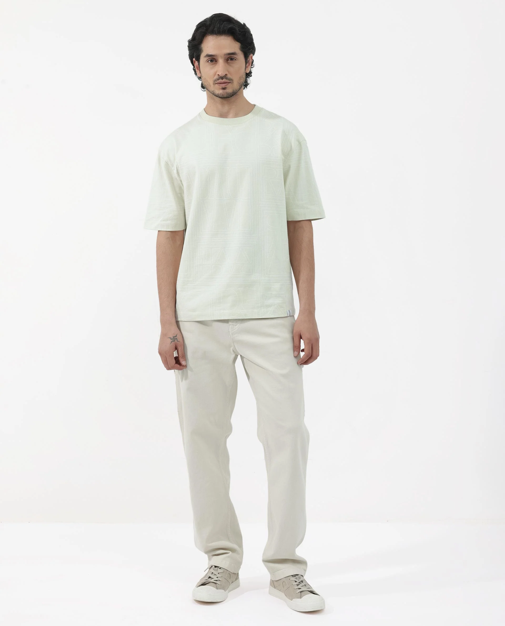 Rare Rabbit Articale Men's Hagrid Pastel Green Cotton Polyester Fabric Crew Neck Oversized Fit Branded Graphic Print T-Shirt - Image 3