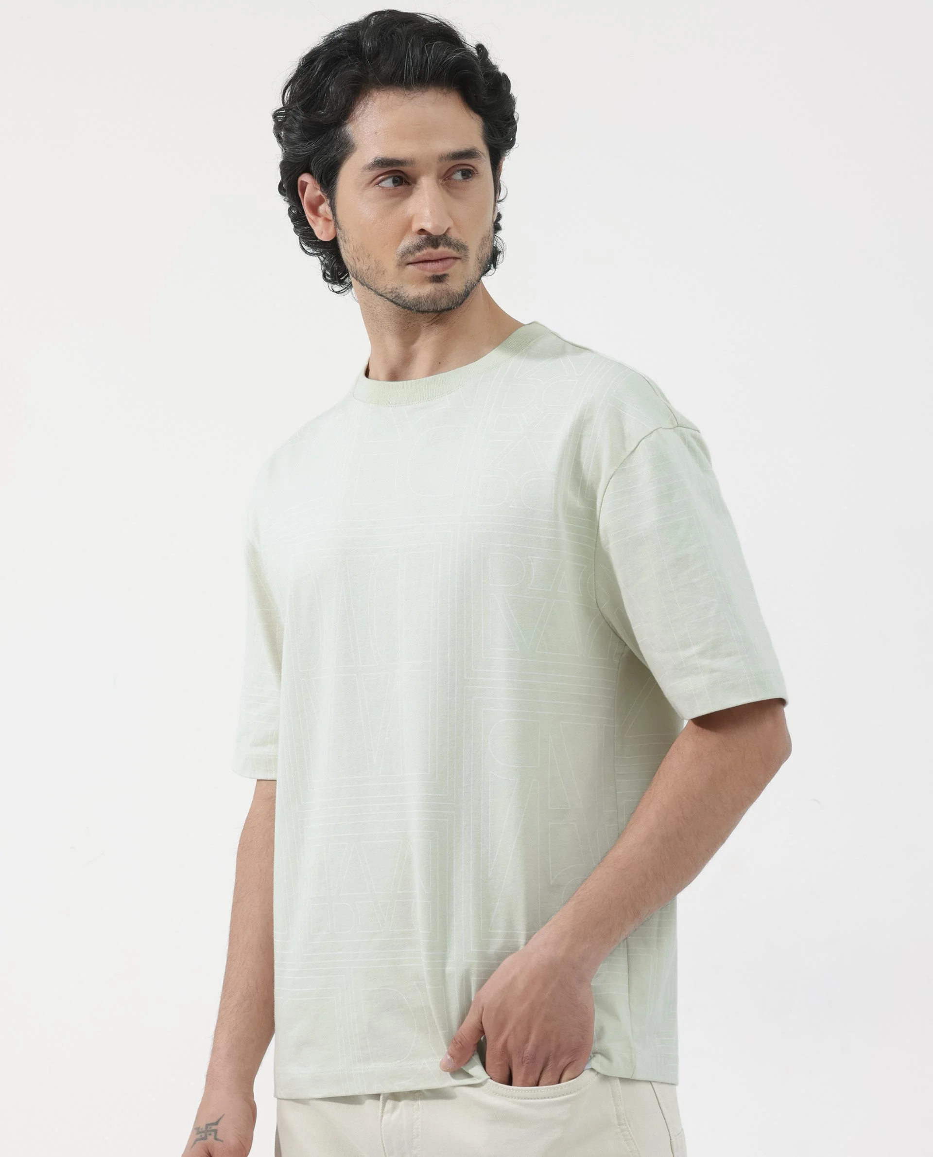 Rare Rabbit Articale Men's Hagrid Pastel Green Cotton Polyester Fabric Crew Neck Oversized Fit Branded Graphic Print T-Shirt - Image 4