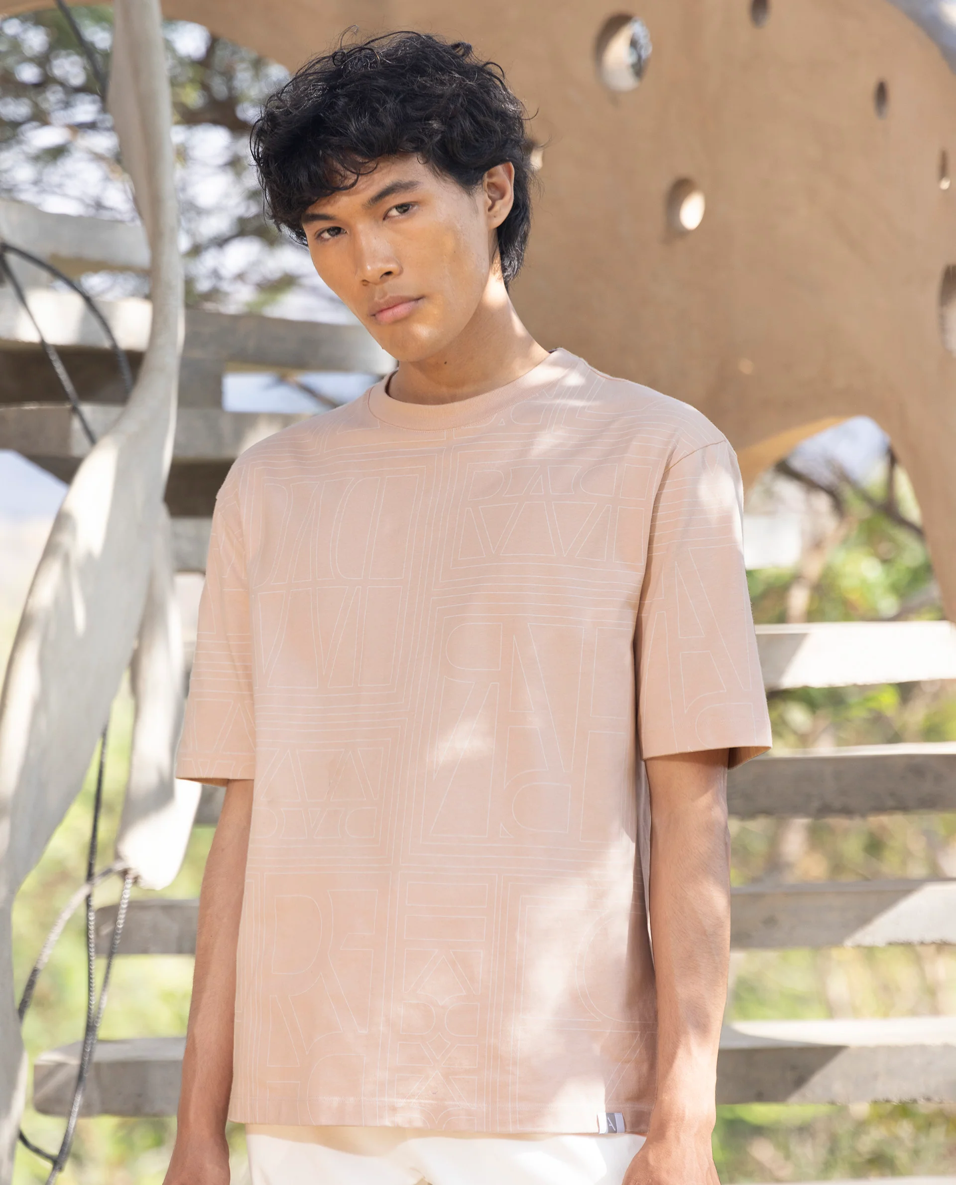 Rare Rabbit Articale Men's Hagrid Pastel Pink Cotton Polyester Fabric Crew Neck Oversized Fit Branded Graphic Print T-Shirt - Image 3