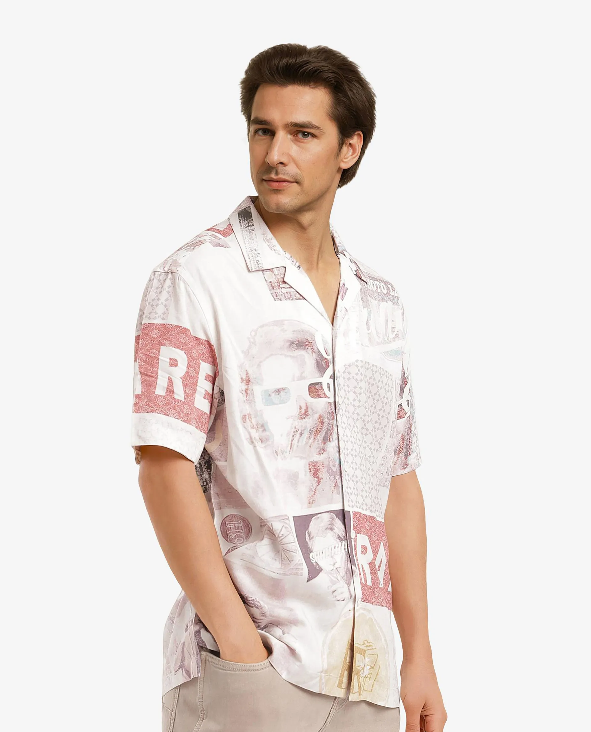 Rare Rabbit Men's Hague Beige Cotton Abstract Print Boxy Fit Half Sleeve Collared Shirt - Image 5