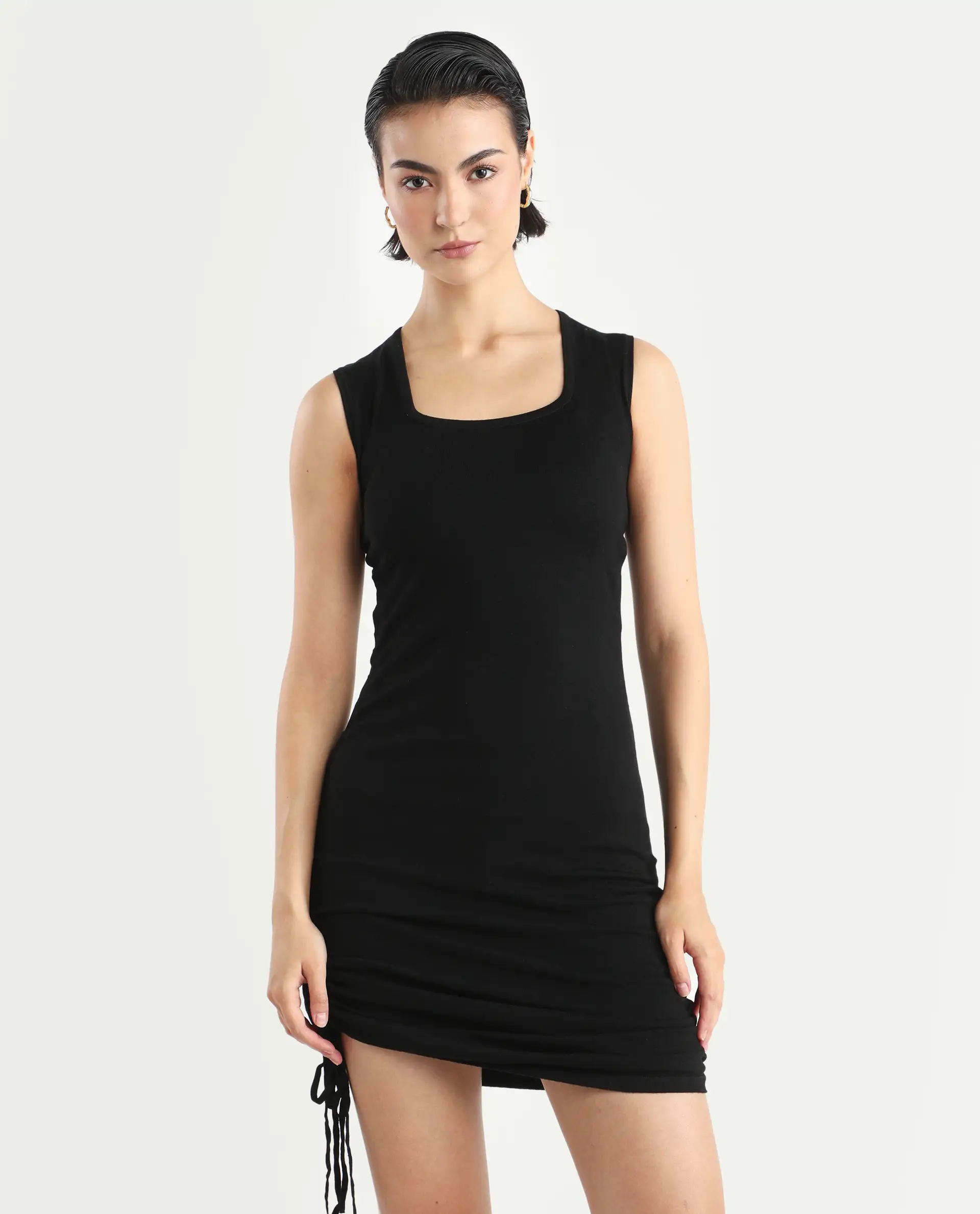 Rareism Women's Hailey Black Viscose Square Neck Plain Sleeveless Mini Regular Fit Dress - Image 3