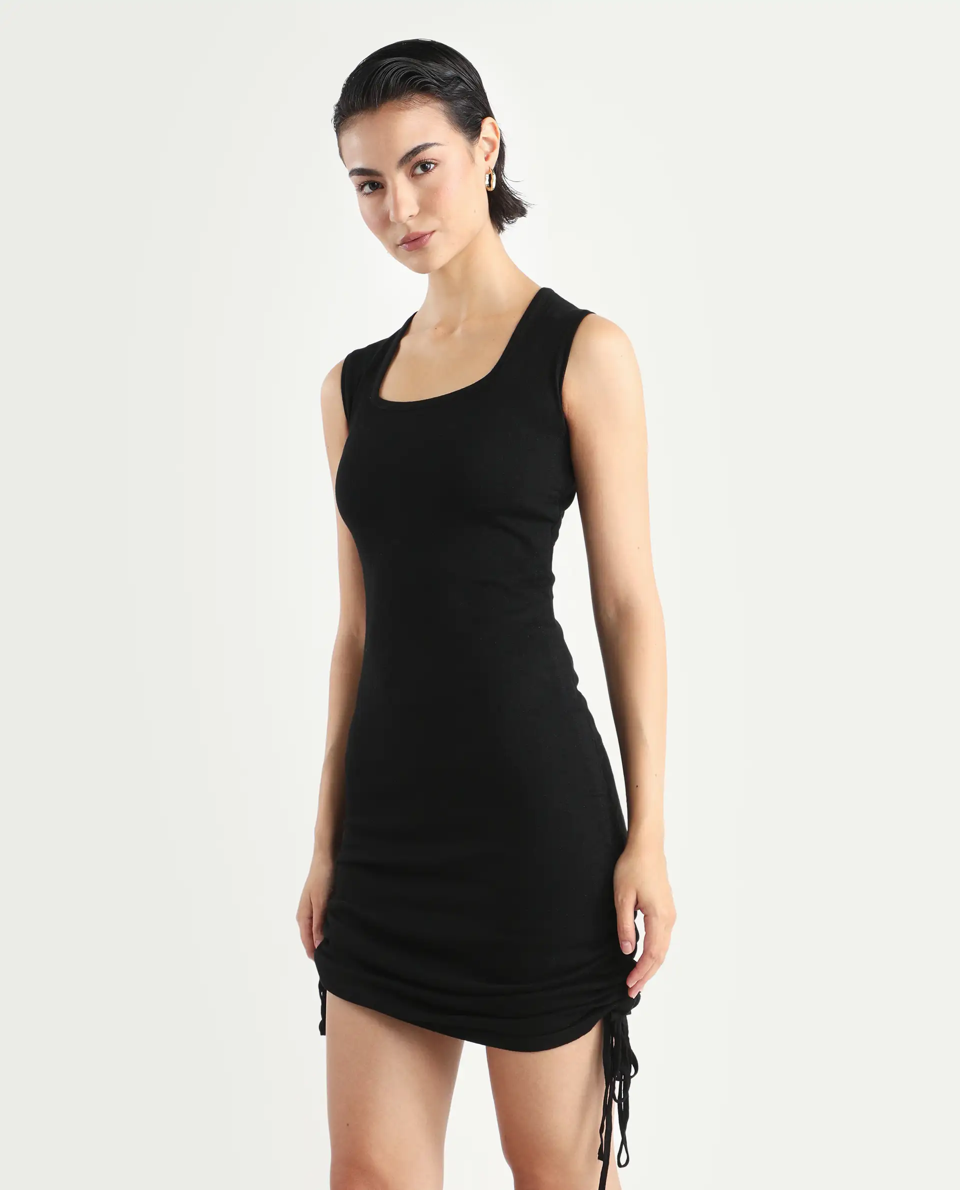 Rareism Women's Hailey Black Viscose Square Neck Plain Sleeveless Mini Regular Fit Dress - Image 6