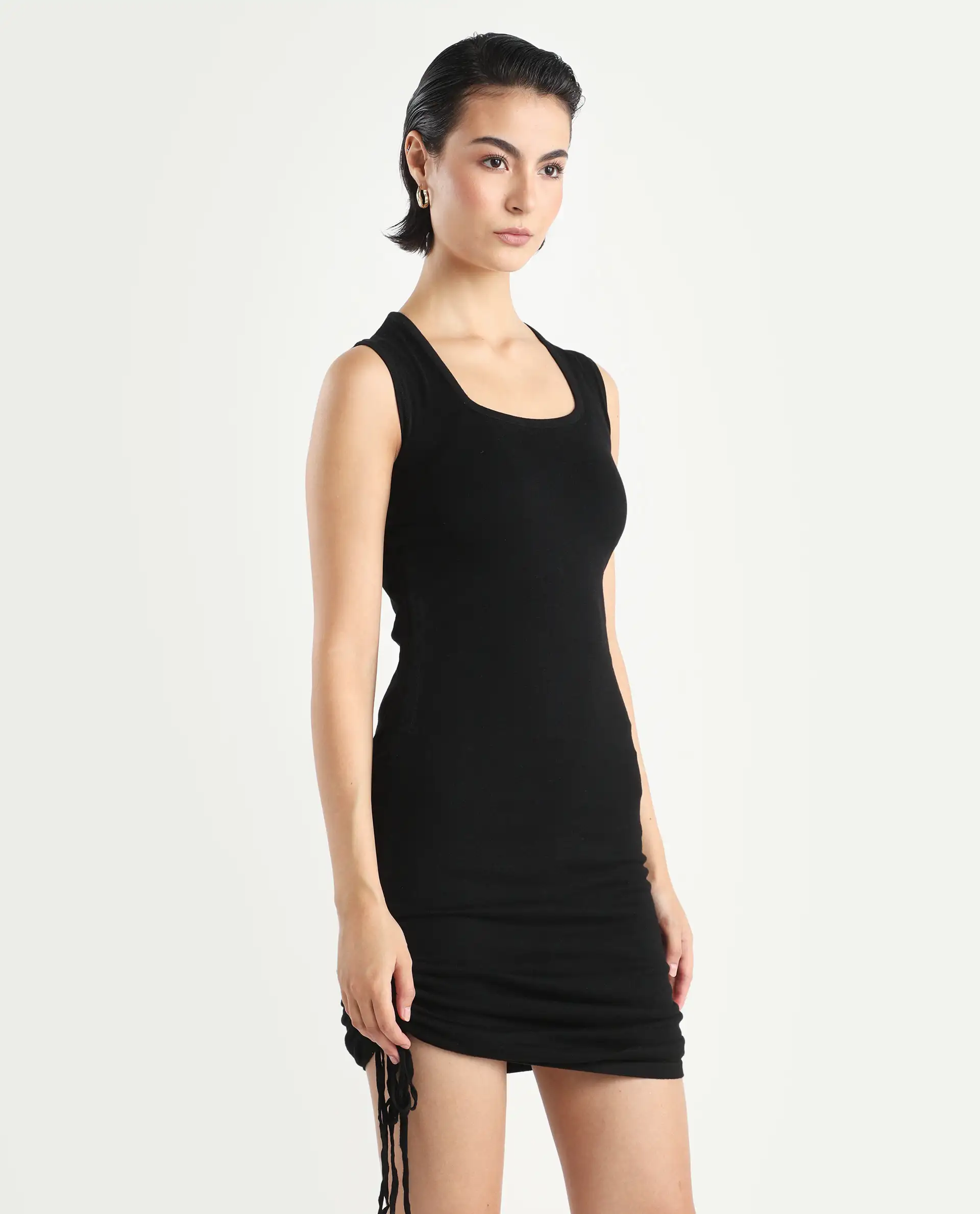 Rareism Women's Hailey Black Viscose Square Neck Plain Sleeveless Mini Regular Fit Dress - Image 7