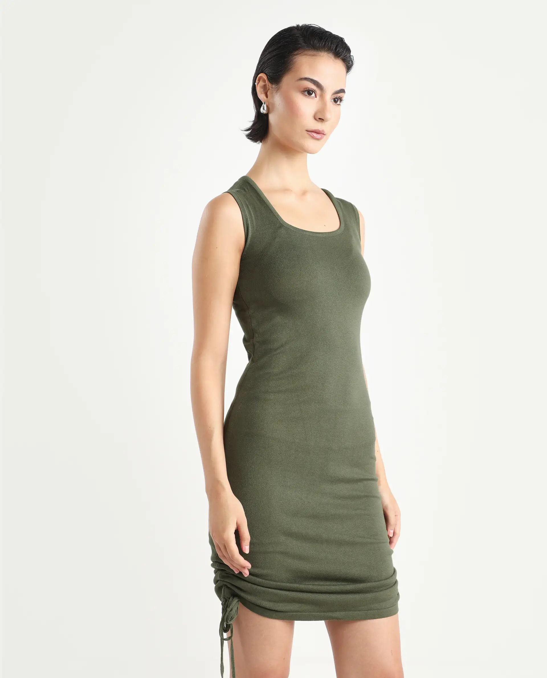 Rareism Women's Hailey Olive Viscose Square Neck Plain Sleeveless Mini Regular Fit Dress - Image 8