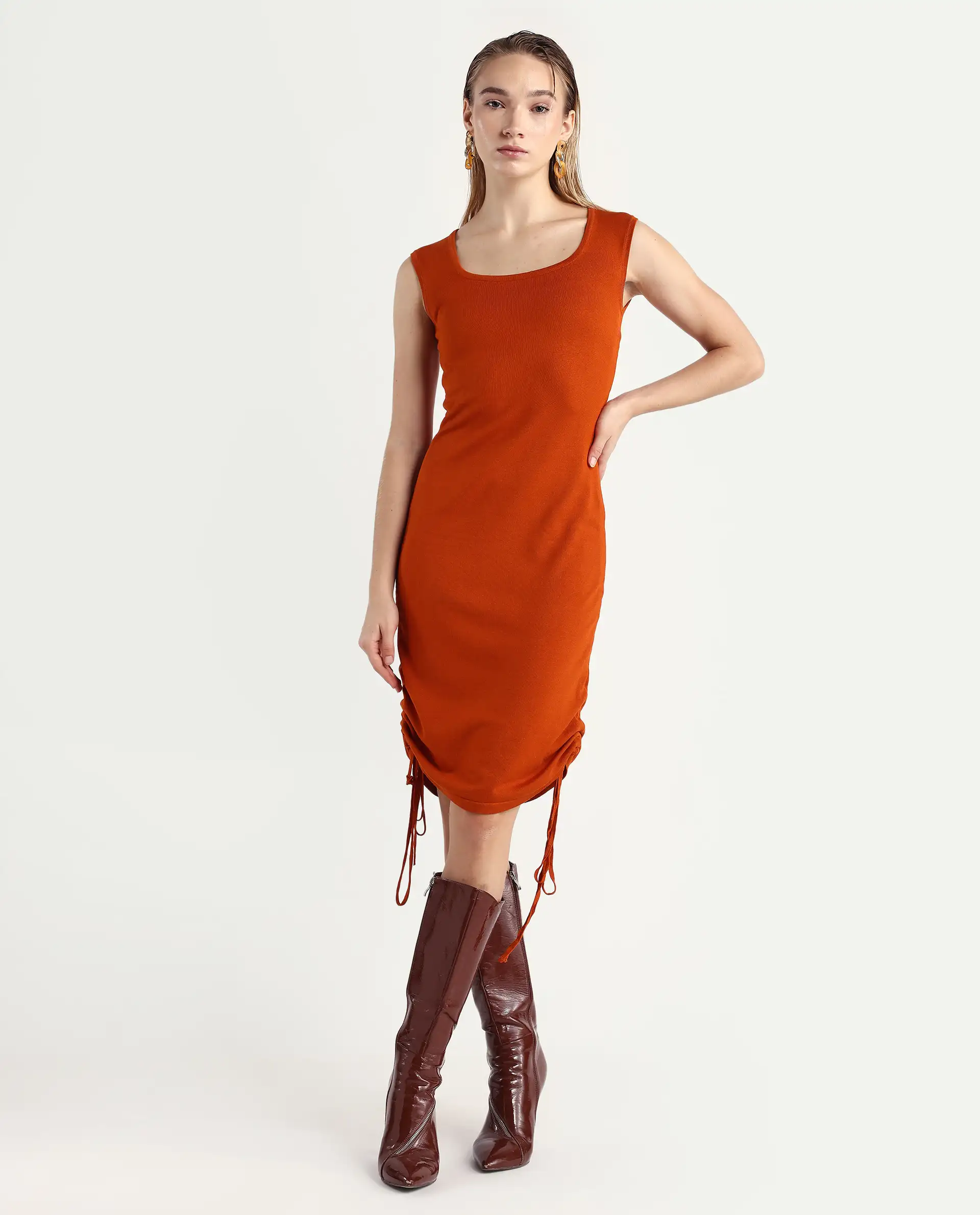 Rareism Women's Hailey Orange Viscose Square Neck Plain Sleeveless Mini Regular Fit Dress - Image 3