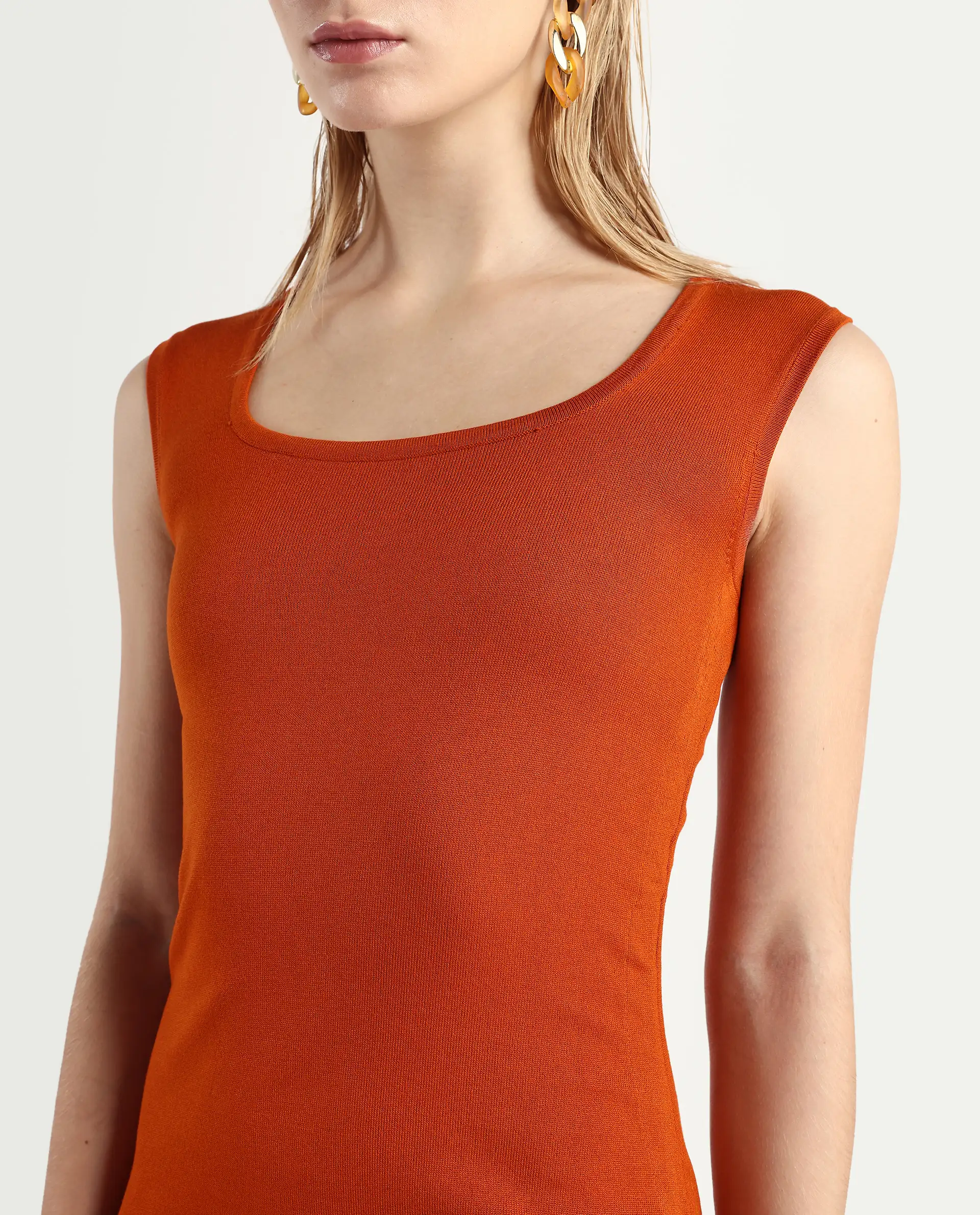 Rareism Women's Hailey Orange Viscose Square Neck Plain Sleeveless Mini Regular Fit Dress - Image 4