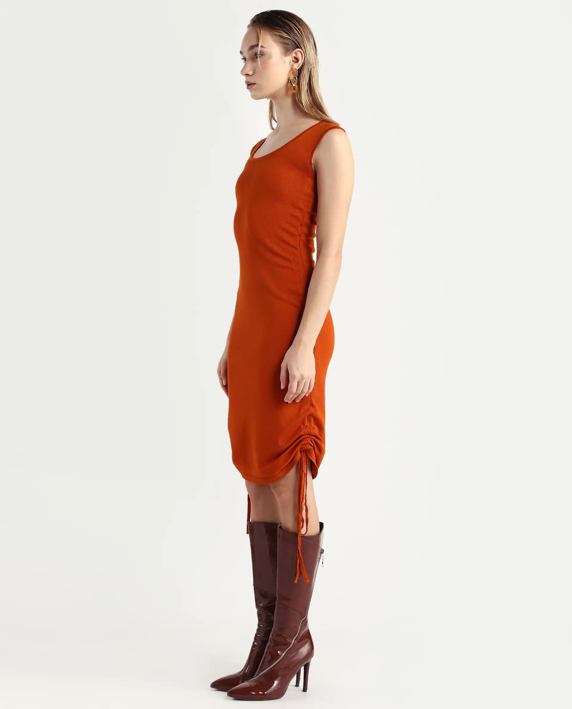 Rareism Women's Hailey Orange Viscose Square Neck Plain Sleeveless Mini Regular Fit Dress - Image 6